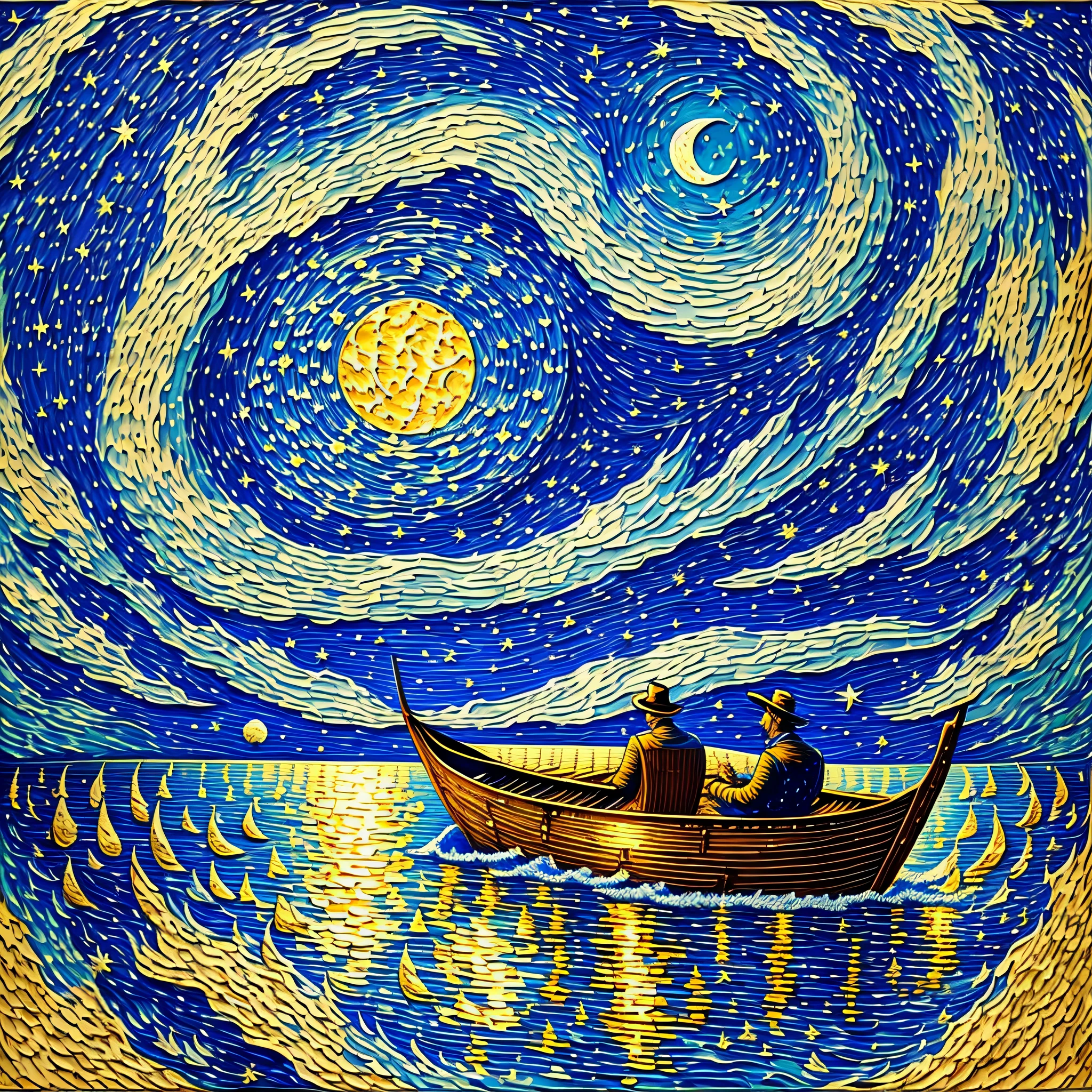 Van Gogh style painting A man in a boat with the moon in his boat on a starry night --auto --s2