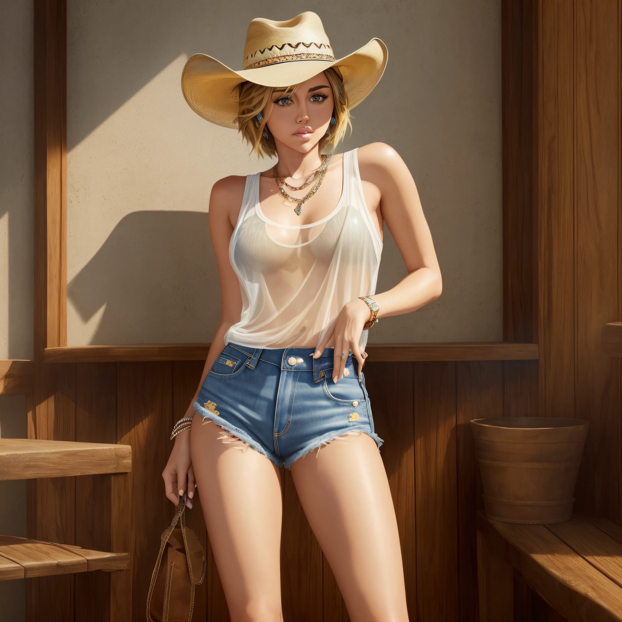 (high quality full body image) Miley Cyrus wearing a (see-through tank top) and (jean shorts) poses confidently, donning a (cowboy hat) and (woman cowboy boots). --auto --s2