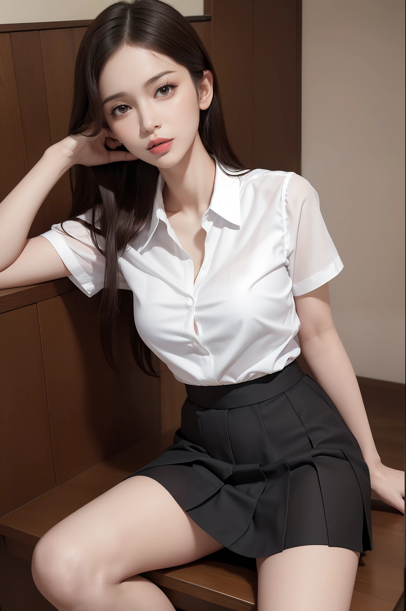 naughty posing, ((wearing sophisticated designs school uniform)), knee length skirt, perfect human stylish body, bra is through the blouse, (13olds), no bags under eyes, slim cute body, roll up her skirt and her panties visible through her skirt, wearing sophisticated designs school uniform ((with wearing a see-through shirt))put on knee length skirt, ((her bra is showing through)), ((real person)),((photorealistic)), ((RAW photo)),((real human face)), ((real human face skin)), naughty look, beautiful thin legs, a straight face, show the whole body, disheveled middle hairstyle, 8K, show the whole body, beautiful white skin, real human nose, real human brown pretty eyes, beautiful woman, beautiful face, one body, ten beautiful human fingers, two beauty legs, two arms, not make up, touching her chest own hand,