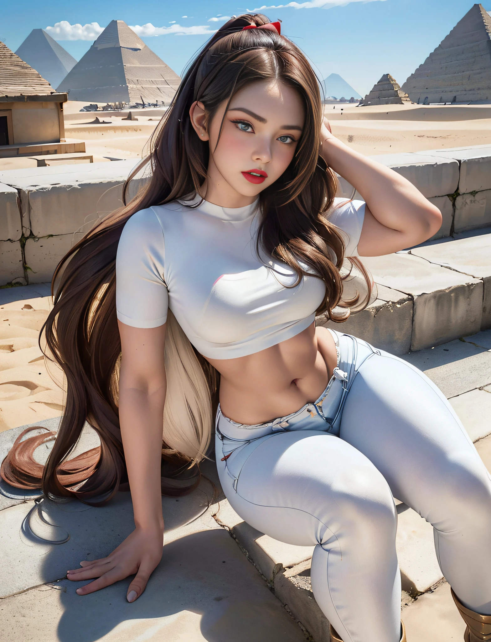 ((very detailed RAW color photo)), (1 girl), (alone), (35 years), (athletic), (very defined toned physique), (muscular body), (small and defined breasts), (perfect curves), (superior quality, 8k, masterpiece: 1.3), (sharp focus: 1.2), (extremely beautiful girl with perfect figure: 1.4), (very thin waist: 1.2), (ultra detailed skin texture), (smooth and soft skin), (ultra detailed fabric texture), (extremely beautiful ultra detailed face), ((she is wearing a white summer t-shirt and very tight jeans with military booties)), (curly blonde hair), (extra long ponytail with bangs), (very detailed and beautiful wolf ears), (hair on the face), (hair ribbon), dynamic pose, ((ultra detailed and toned legs)), (((very wide hips))), (((very thick and toned thighs))), (sexy), (((extreme hourglass figure))), (((very thick heart lips))), ((red lipstick)), ((blue eyes)), ((angry look)), ((blush)), (makeup), (((ultra defined waist))), eye shadow, (full body shot), with the pyramids of Giza in the background, pyramids behind, very detailed starry sky, desert, stars