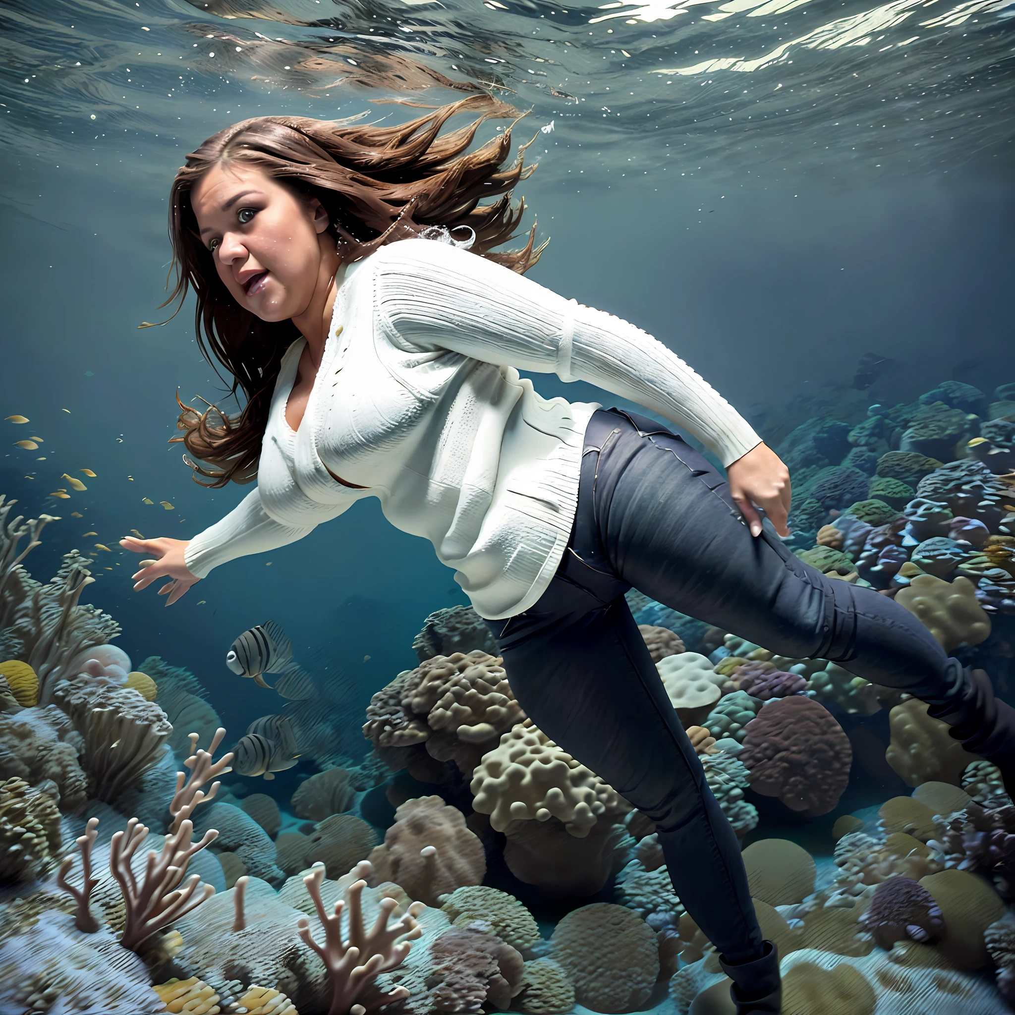 Overweight, chubby, small breasted, Kelly Clarkson, long brown hair, wearing (((tight dark jeans))) (((white v neck sweater ))) (((black ankle boots))) subject is scuba diving on a coral reef, underwater, flowing hair, flowing sweater, wet clothes, fully submerged, diving face down, swimming through the water (((full body shot))) (((view side on))) (masterpiece) ((cinematic look))