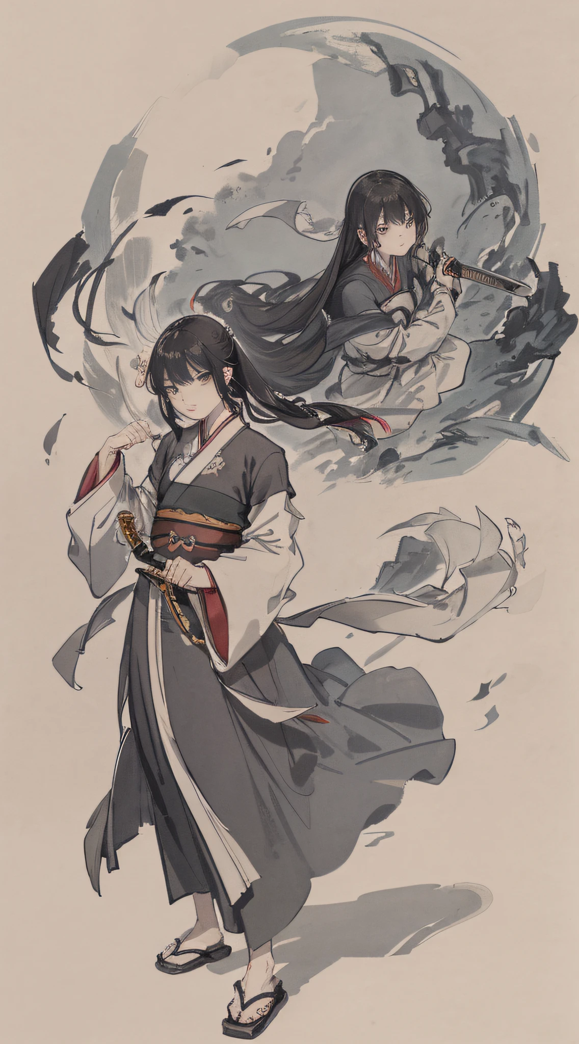 Maiden, black hair, Hanfu, cloth shoes, sword light and shadow, martial arts, sword, chivalrous woman, jianghu, long clothes, long hair, moon, landscape, fog, wind, HD
