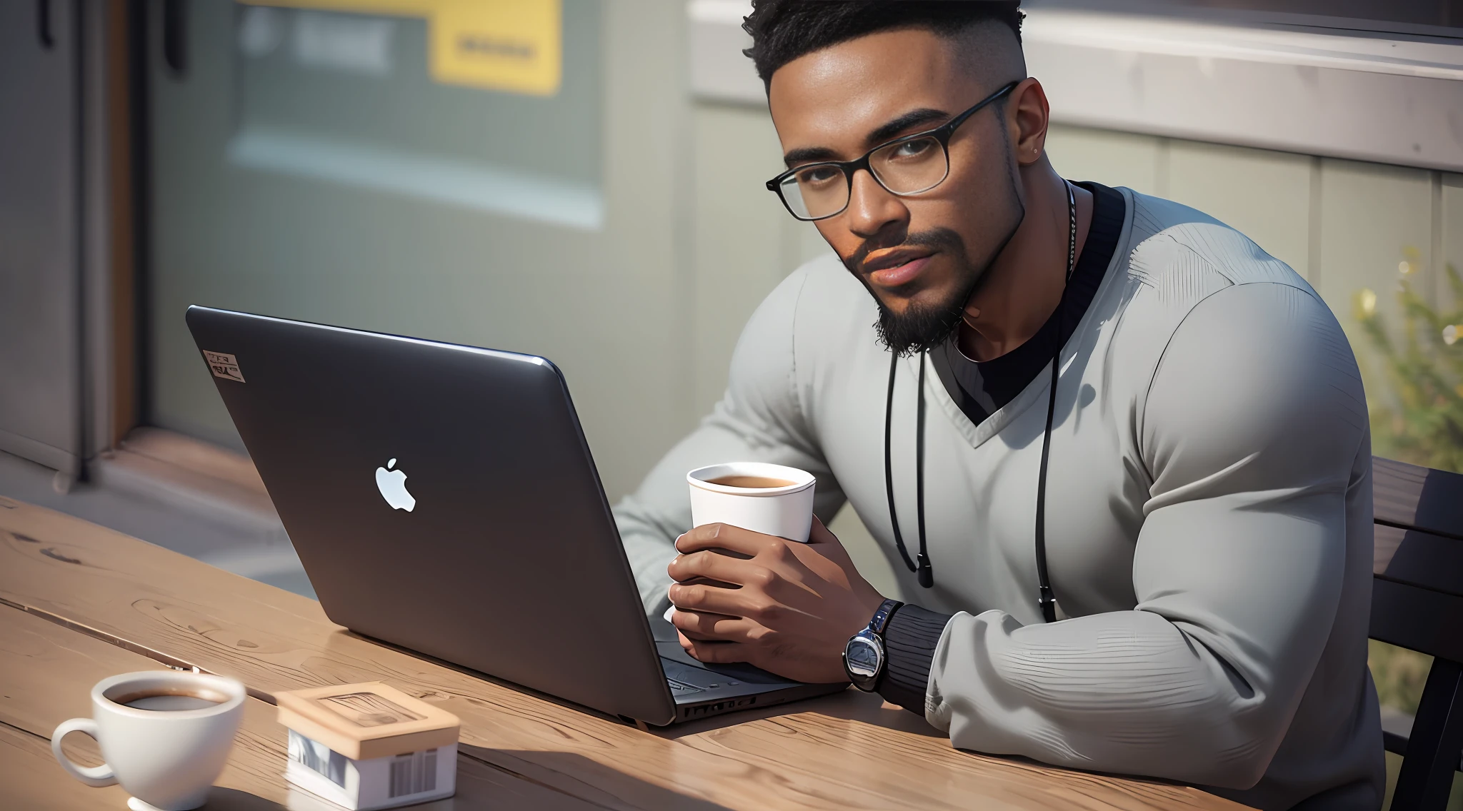 1 black man, shaved black hair, short beard in black sweatshirt, sitting in his chair facing the table with a cup of coffee and a laptop. Outside tonight --auto --s2