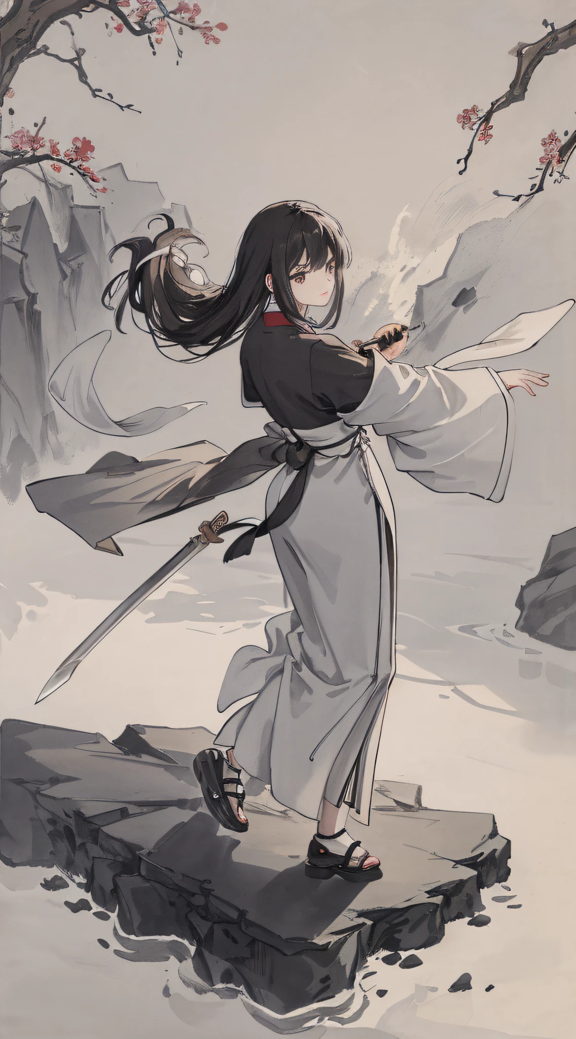 Youth, black hair, Hanfu, cloth shoes, sword light and shadow, martial arts, sword, chivalrous woman, jianghu, long clothes, long hair, moon, landscape, fog, wind, HD