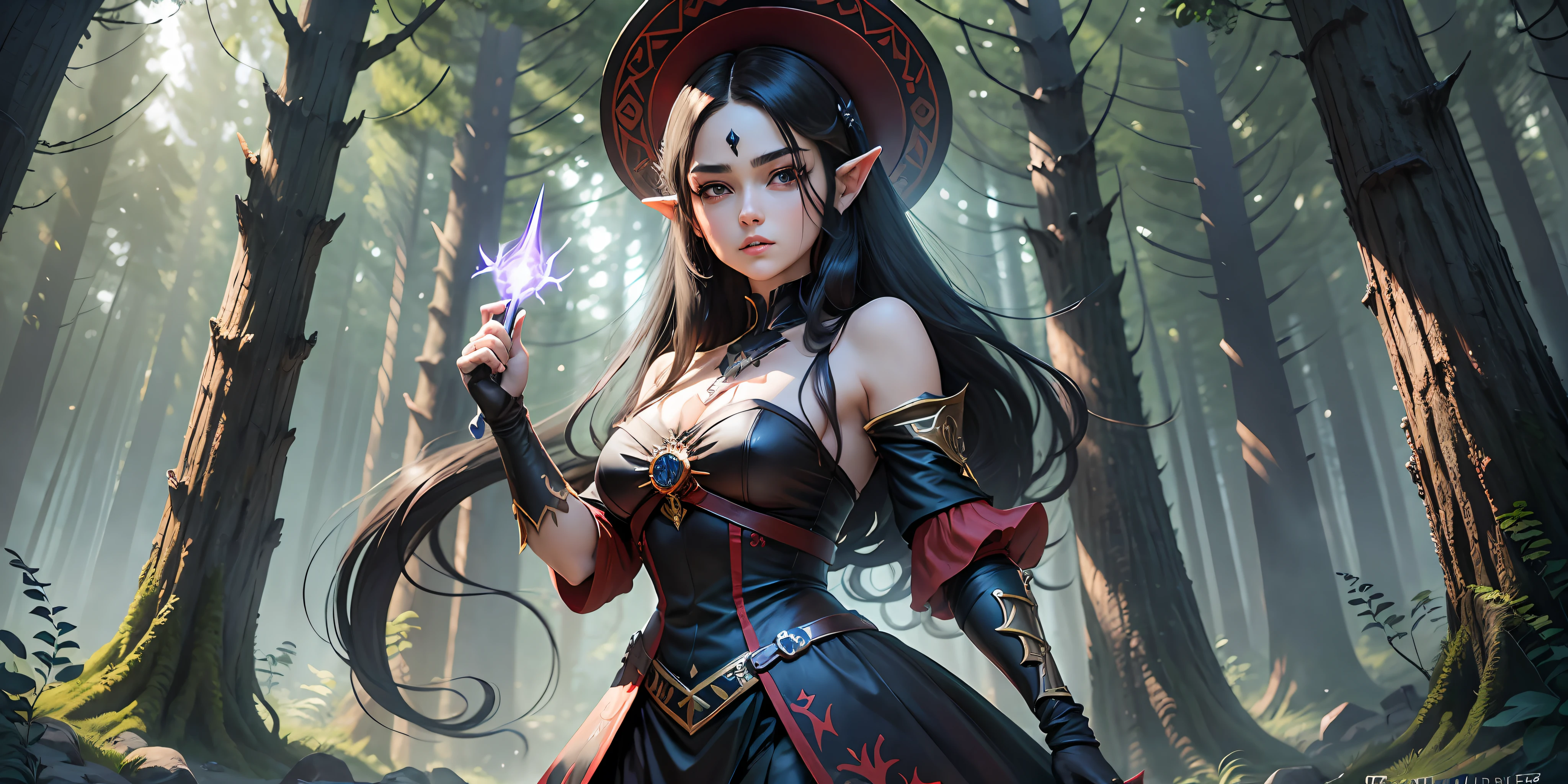 A full-body shot of Princess Zelda, black hair, dark red eyes, dressed as Yeneffer from The Witcher, in a black outfit and witches hat with dark red details, 25 years old, XL bust, using a wand, casting a spell, ready to battle, fighting stance, Background: At night in a spooky forest. Unreal Engine 5, Anime, Anime style, Masterpiece, Well drawn eyes, well drawn face, well detailed eyes, well detailed face, 8k, light and shadow effect. --auto --s2