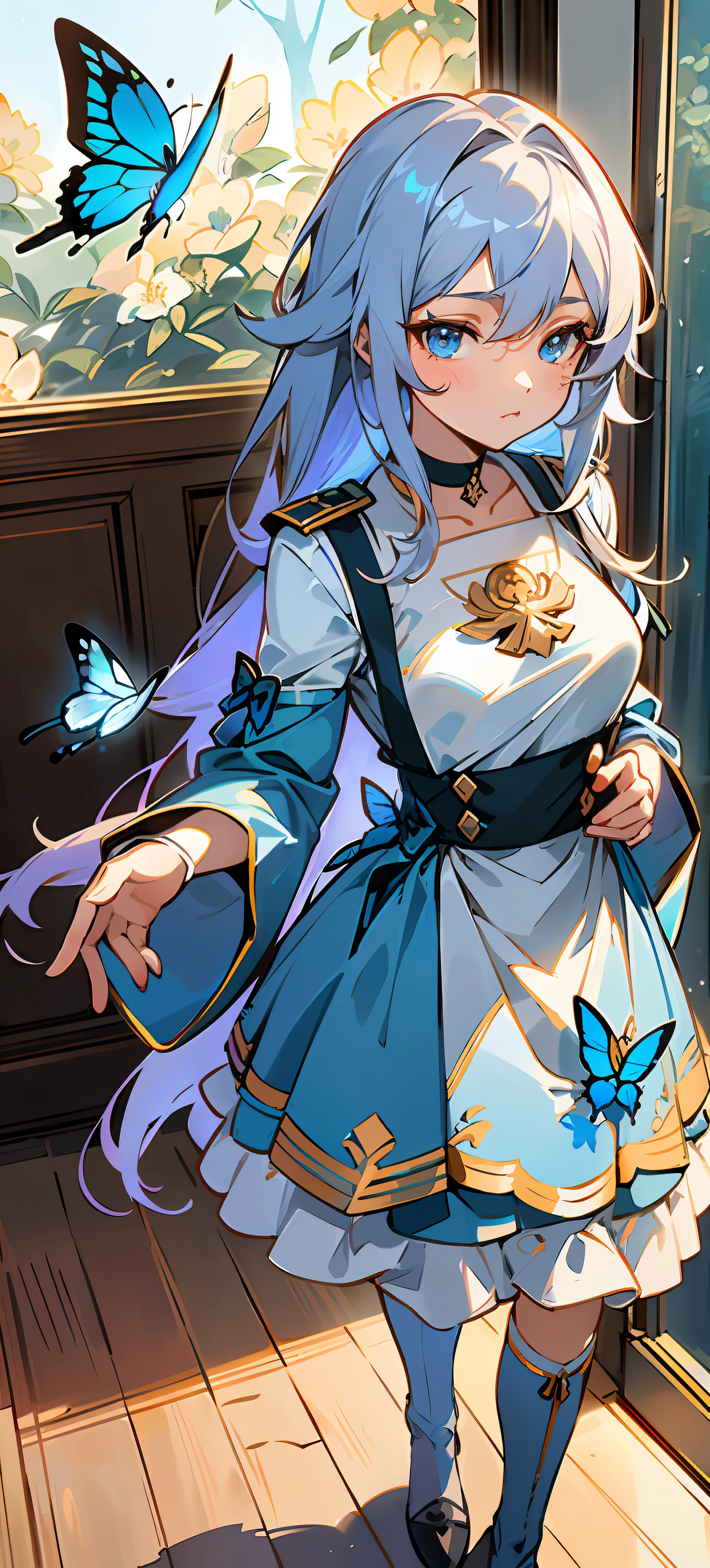 21charturnerv2,charturnbetalora,shinkai makoto,kimi no na wa.,(Overhead view),dynamic angle,ultra-detailed, illustration, close-up, straight on, 1girl, (fantasy:1.4), (azure blue eyes: 1.233), her eyes sparkle like dreamy stars, (glowing eyes: 1.233), (beautiful and detailed eyes: 1.1), (silver hair: 1.14), (messy hair, very long hair, French braids, hair between the eyes, side hair), (+ (blue fur: 1.14), (chiffon dress, blue flower pattern uniform) /= (military uniform: 1.24), (sleeves removed, wide sleeves), (fingerless gloves), choker, ( miko thighhighs), high-heeled boots, (expressionless, mouth closed), (standing), (classical princess boudoir, dresser and floor-to-ceiling windows, white ancient palace), (white flowers, bloom), (deep sea), (flowing water), (dark blue world tree: 1.14), (ruins), (night: 1.2), dreamy, soul, (fluorescent), (flying translucent blue butterfly: 1.15), [ [Delicate fingers and hands: 0.55]::0.85], (finger details), (yubao:0.5), white background, full body, blue theme, gold background,