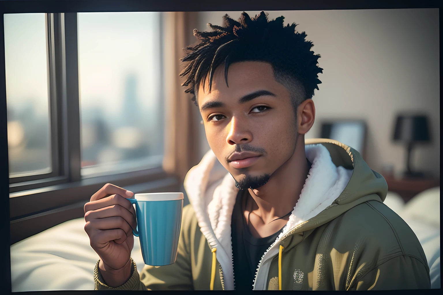 D850 35mm), portrait of a 24-year-old African-American man with (short hair: 1.4), wearing a camouflaged jacket, he and a youtuber is in his room recording videos, a laptop on the table a microphone and a cup of coffee (detailed bedroom background with outdoor windows), detailed, RAW photo, 8k uhd, dslr, high quality, film stock photography 4 camera kodak portra 400 lens f1.6 rich colors realistic texture hyper realistic dramatic lighting cinestill 800, (sharp focus: 1.1)