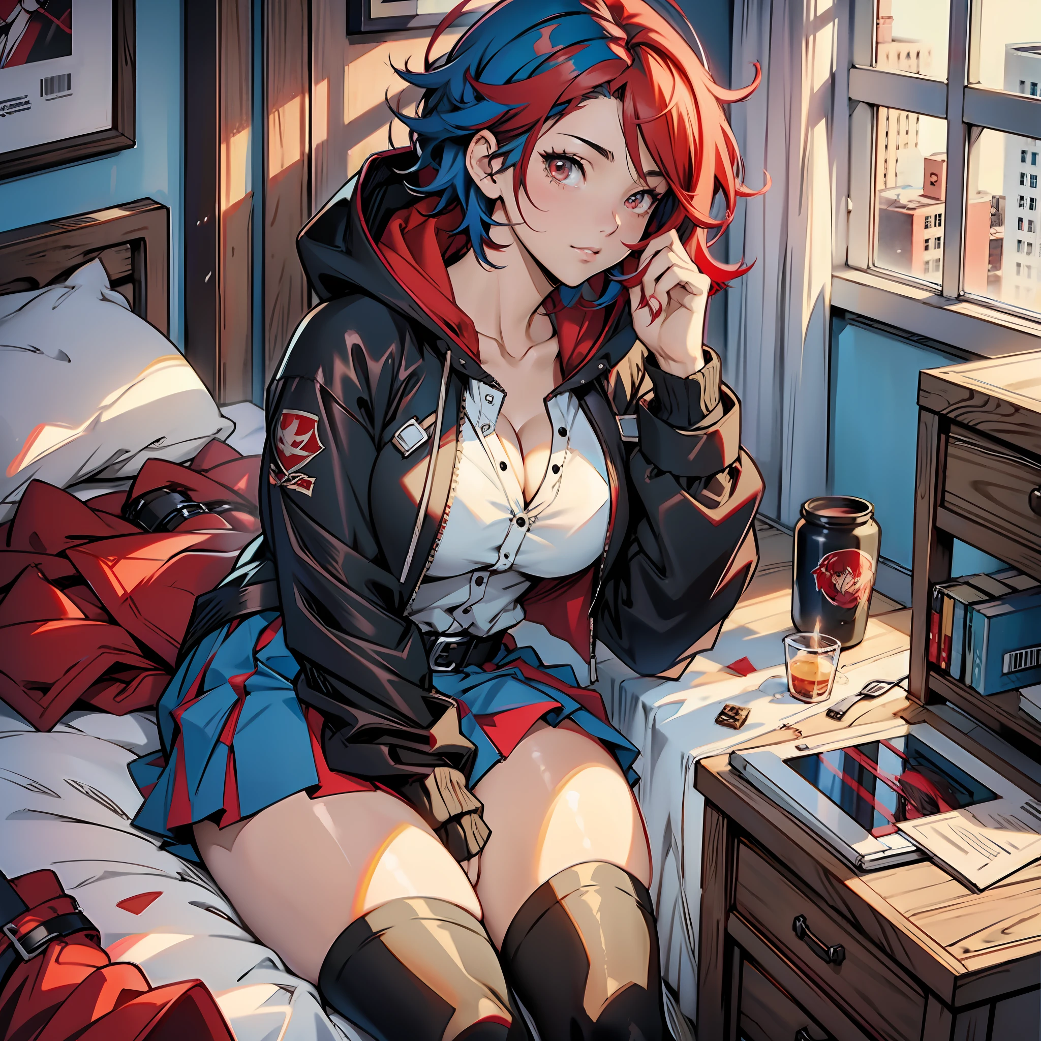 Anime woman, curvy, thick thighs, black hooded jacket, red blouse, red boots, blue skirt, light blue hair, short hair, straight hair, hair with red locks at the ends, brown colored eyes, beautiful face, soft skin, bedroom.