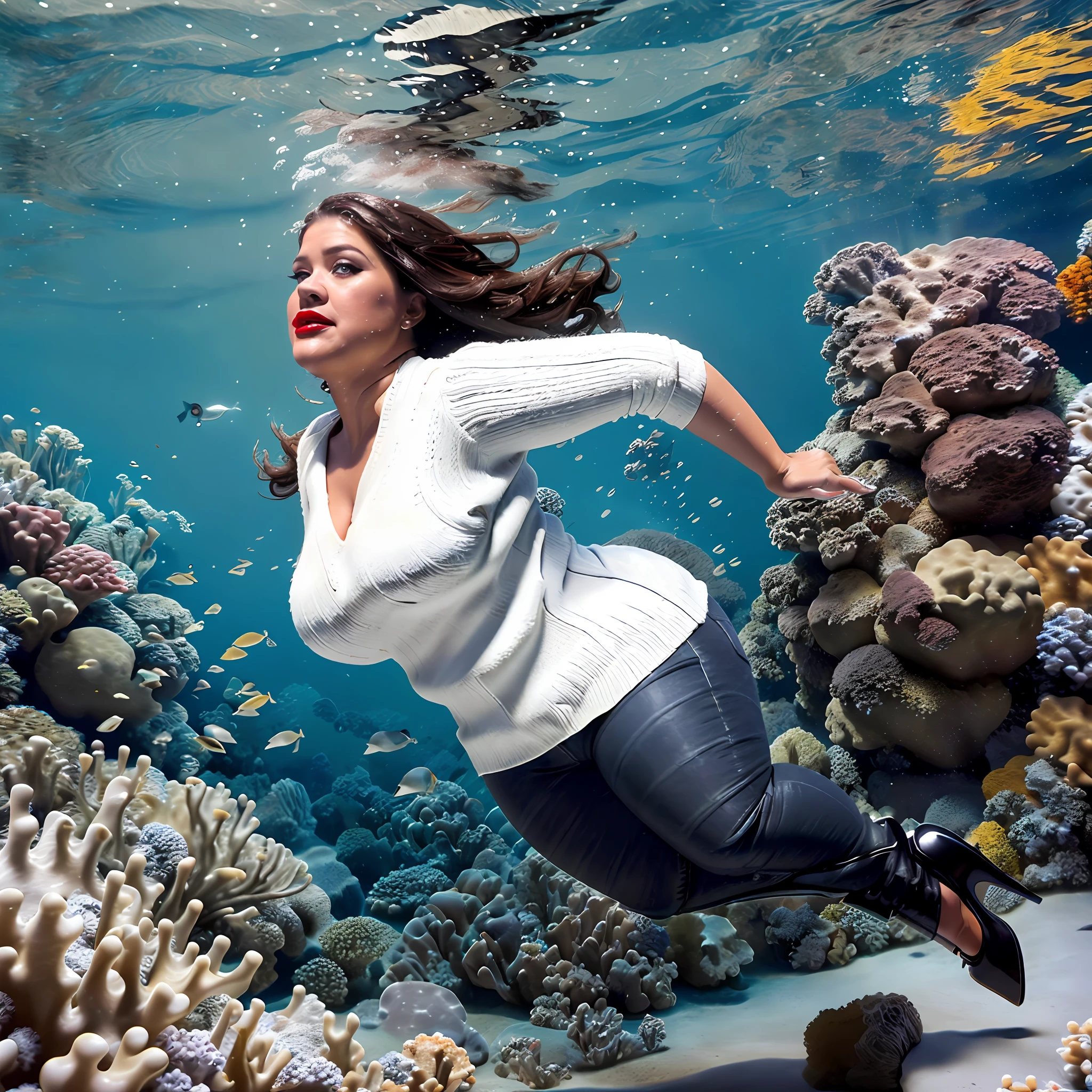 Overweight, chubby, small breasted, Kelly Clarkson, long brown hair, wearing (((tight dark jeans))) (((white v neck sweater ))) (((black high heels))) ((wearing red lipstick)) ((wearing jewellery)) subject is scuba diving on a coral reef, underwater, flowing hair, flowing sweater, wet clothes, fully submerged, diving face down, swimming through the water (((full body shot))) (((view side on))) (masterpiece) ((cinematic look))