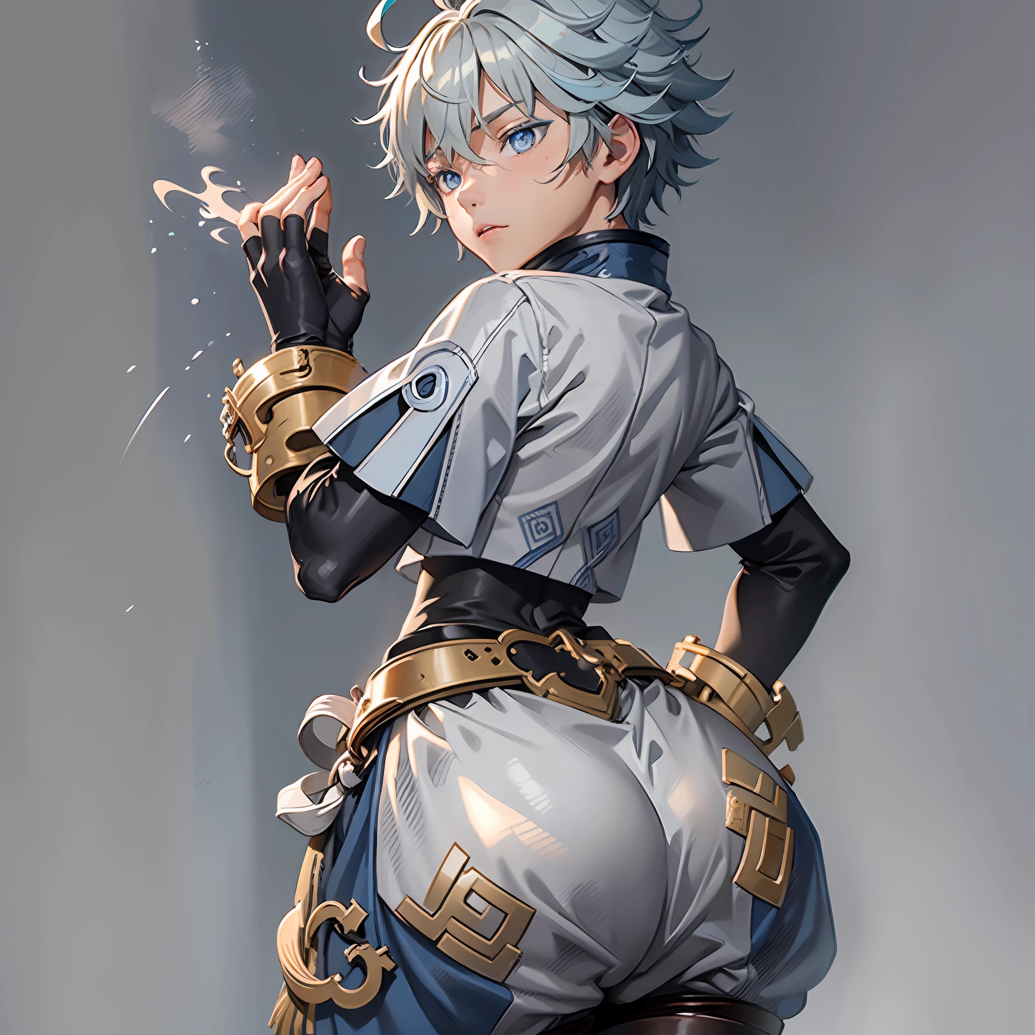 1boy, male focus, cowboy shot, simple background, masterpiece, best quality, chongyun (genshin impact), 1boy, androgynous, solo, blue eyes, blue hair, gloves, ahoge, chinese clothes, short hair, minimalist background, (grey background:1.4), from behind, butt, wide hips, butt, large butt, huge ass, large behind, large rear, suggestive