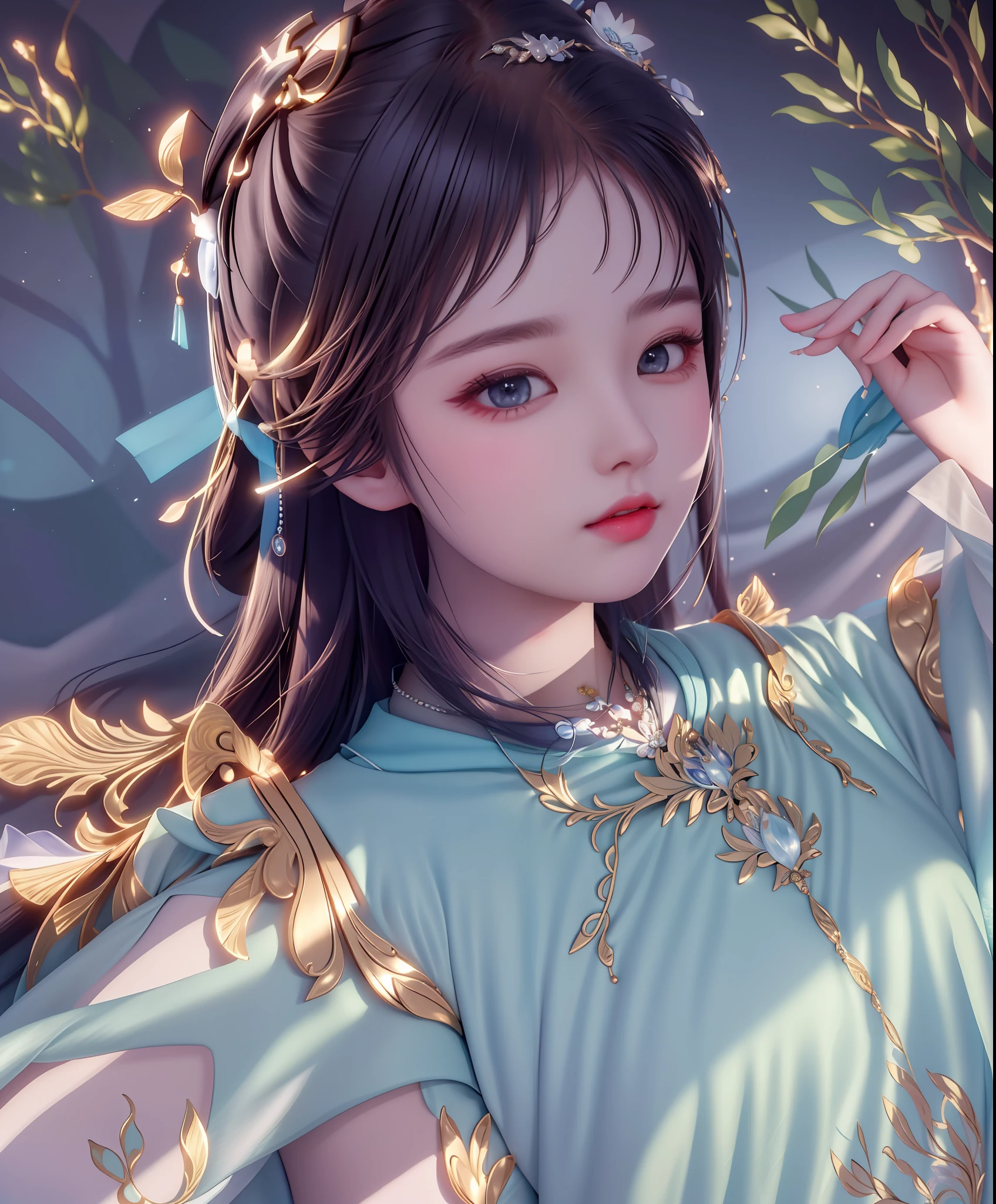 Best quality, masterpiece, high resolution, 1girl, porcelain dress, hair accessories, necklace, jewelry, beautiful face, on the body, Tyndall effect, realistic, dark studio, edge lighting, two-tone lighting, (high detail skin: 1.2), 8k UHD, dslr, soft light, high quality, volumetric light, candid, photo, high resolution, 4k, 8k, background blur,