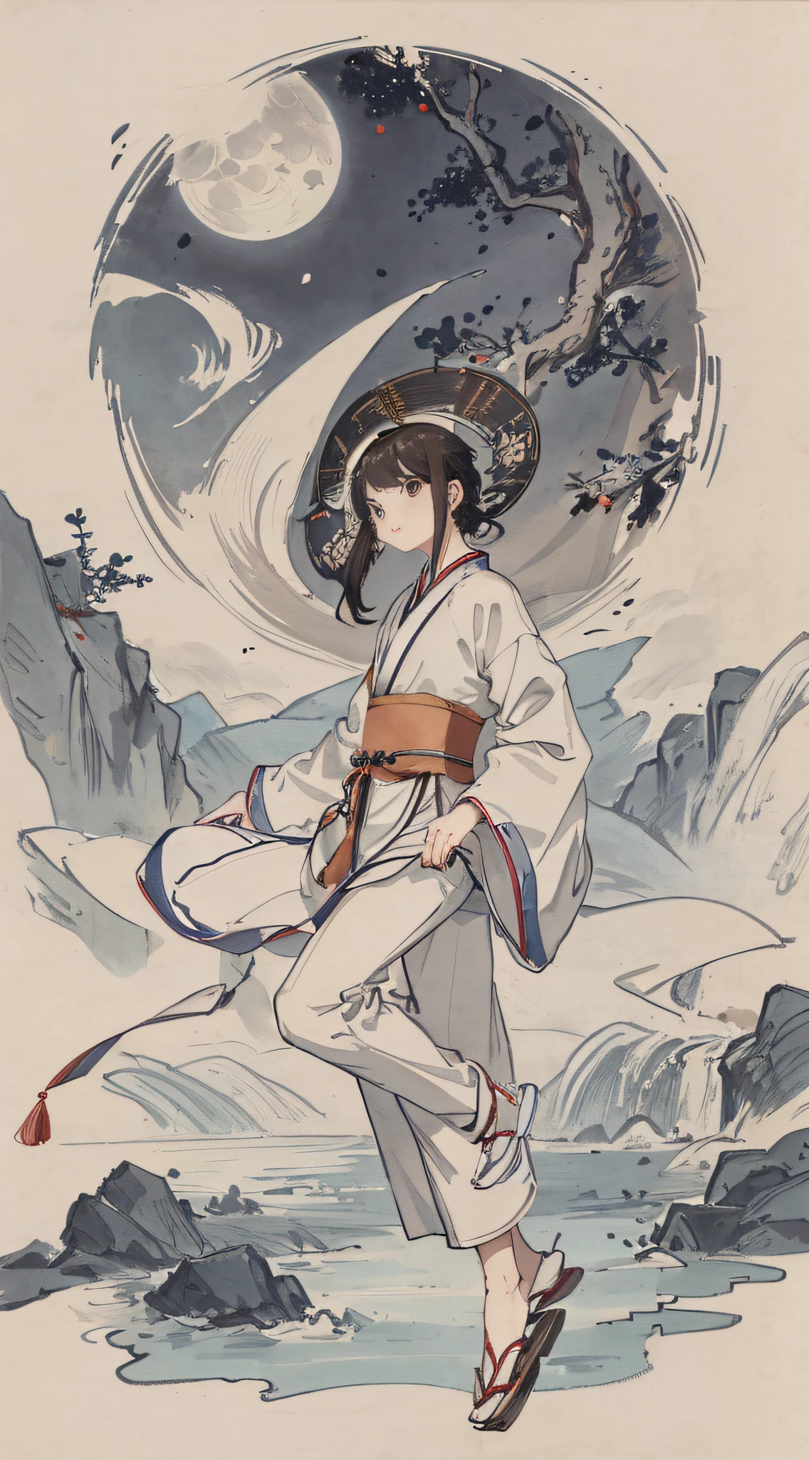 Boy, cute, streamer, brunette hair, hanfu, cloth shoes, bie gesture, funny, moon, landscape, hd