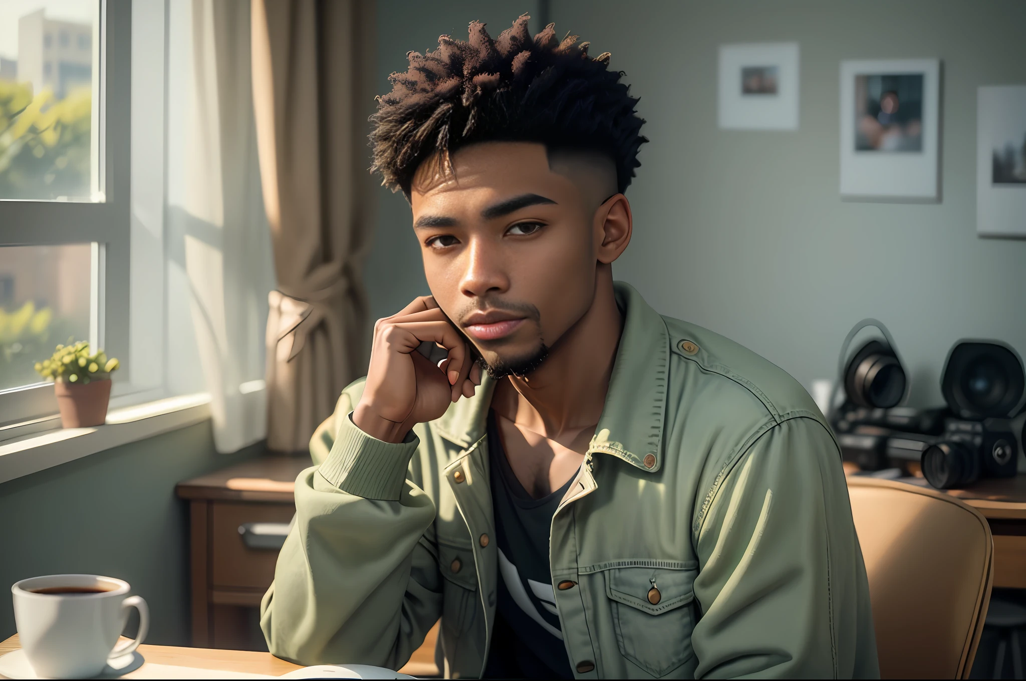 D850 35mm), portrait of a 24-year-old African-American man with (short hair: 1.4), wearing a camouflaged jacket, he and a youtuber is in his room recording videos, a laptop on the table a microphone and a cup of coffee (detailed bedroom background with outdoor windows), detailed, RAW photo, 8k uhd, dslr, high quality, film stock photography 4 camera kodak portra 400 lens f1.6 rich colors realistic texture hyper realistic dramatic lighting cinestill 800, (sharp focus: 1.1)
