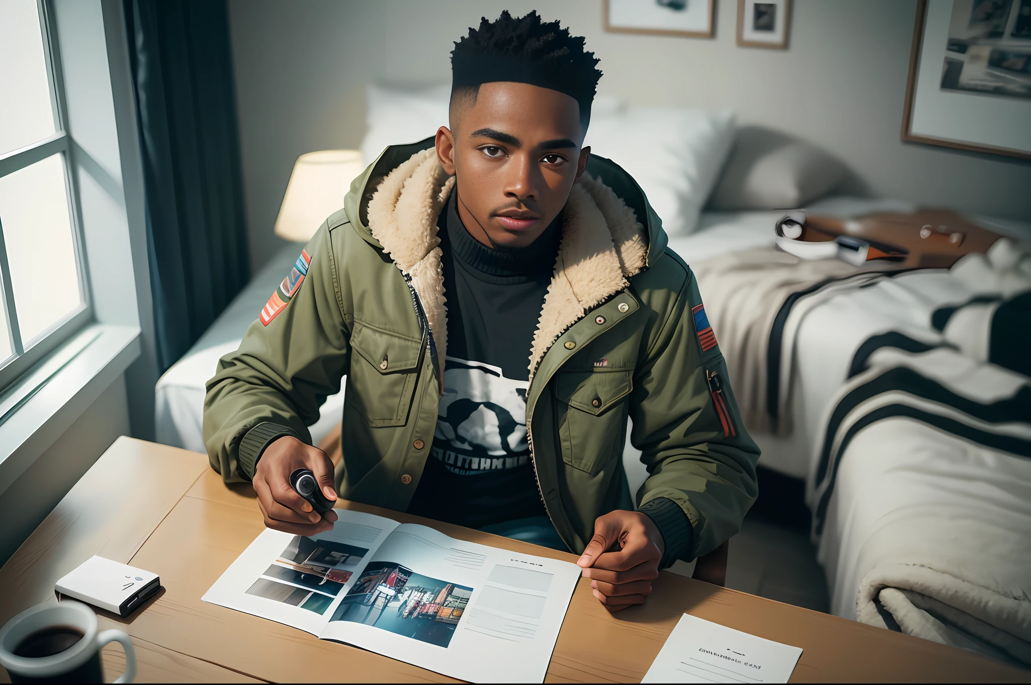 D850 35mm), portrait of a 24-year-old African-American man with (short hair: 1.4), wearing a camouflaged jacket, he and a youtuber is in his room recording videos, a laptop on the table a microphone and a cup of coffee (detailed bedroom background with outdoor windows), detailed, RAW photo, 8k uhd, dslr, high quality, film stock photography 4 camera kodak portra 400 lens f1.6 rich colors realistic texture hyper realistic dramatic lighting cinestill 800, (sharp focus: 1.1)