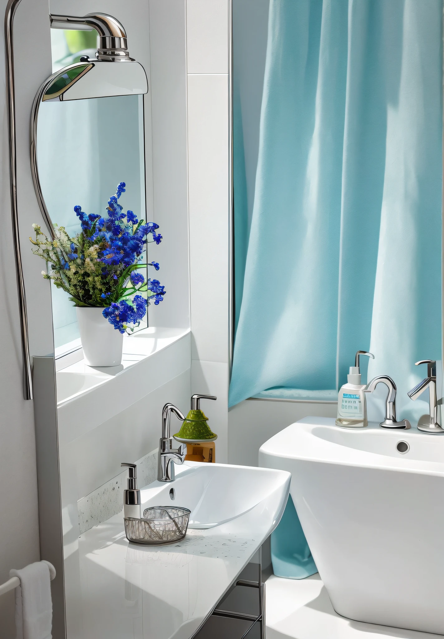 Bathroom, with a bottle of hand sanitizer, product introduction photos, refreshing colors, fluttering curtains, detailed pictures, product photos, high quality product photos, clean images, retro look, clean up,