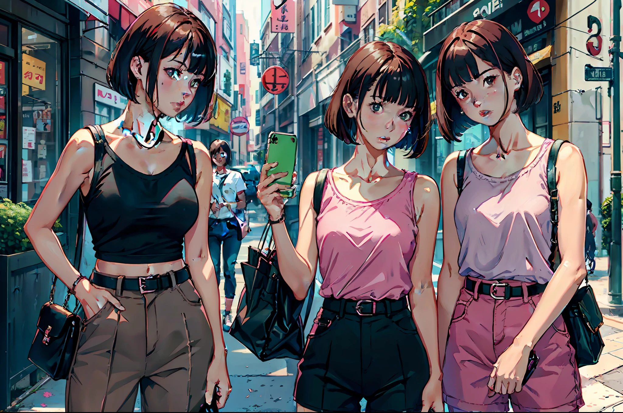 2 girls, shirt, phone, brown hair, cell phone, brunette hair, pink shirt, holding, short hair, bag, brown eyes, handbag, smartphone, holding phone, pants, black eyes, sleeveless shirt, belt, bob cut, cup, bangs, green shirt, collarbone, sleeveless, indoor, open mouth, outdoor, standing
