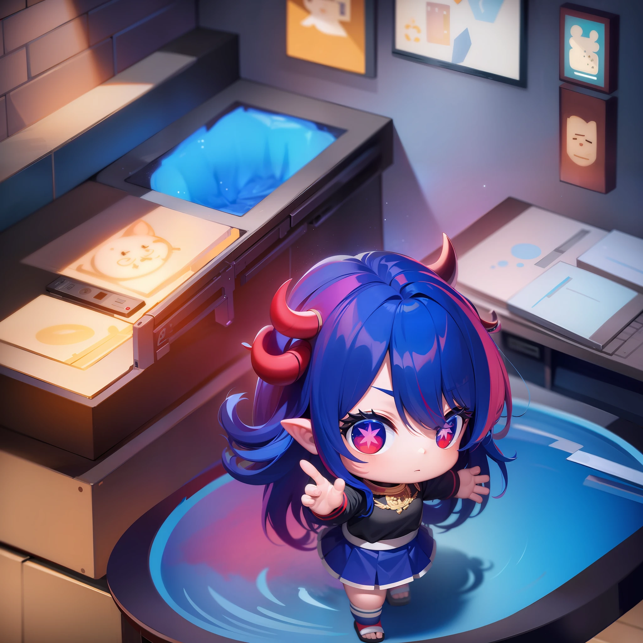 ((masterpiece, best quality)),(complex lighting), solo, full body, 1girl,red eyes,blue hair,shirt,skirt, horns, chibi,