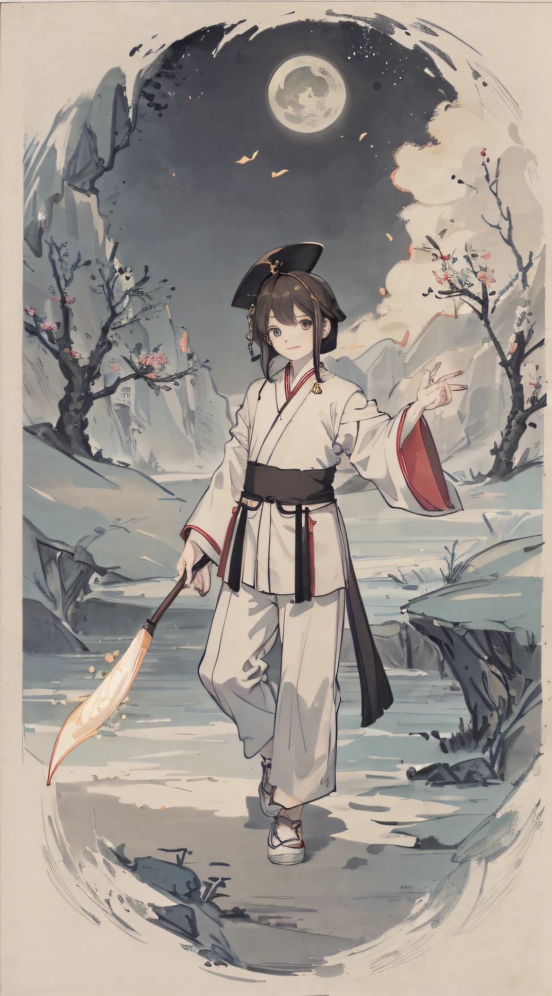 Boy, cute, funny, streamers, brunette hair, hanfu, cloth shoes, bie gesture, funny, moon, landscape, hd