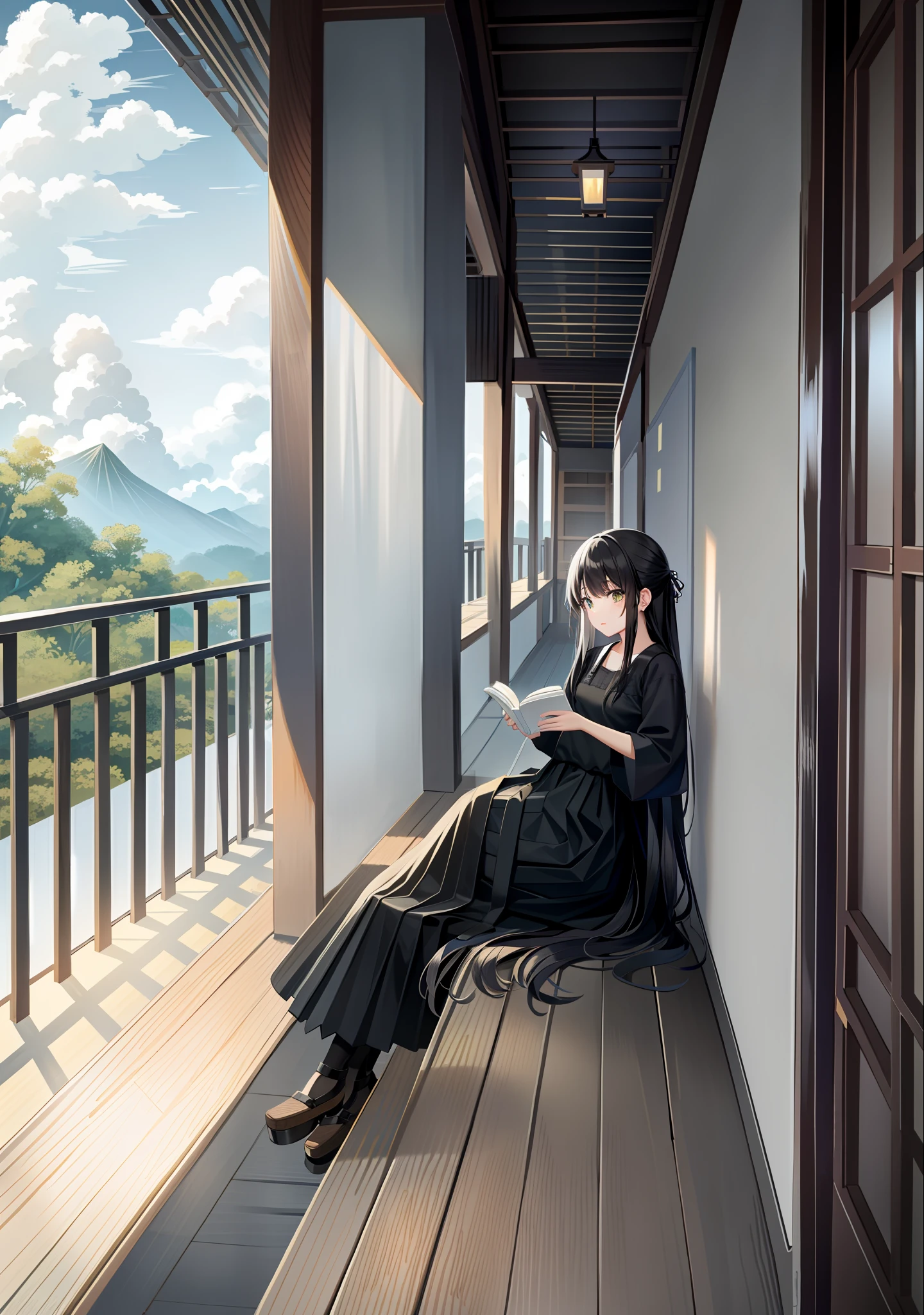 Outside the clouds, under the eaves corridor, bamboo chairs, fragrant tea, reading, dreaming, girls, long black hair, antique long skirts, sitting on bamboo chairs reading