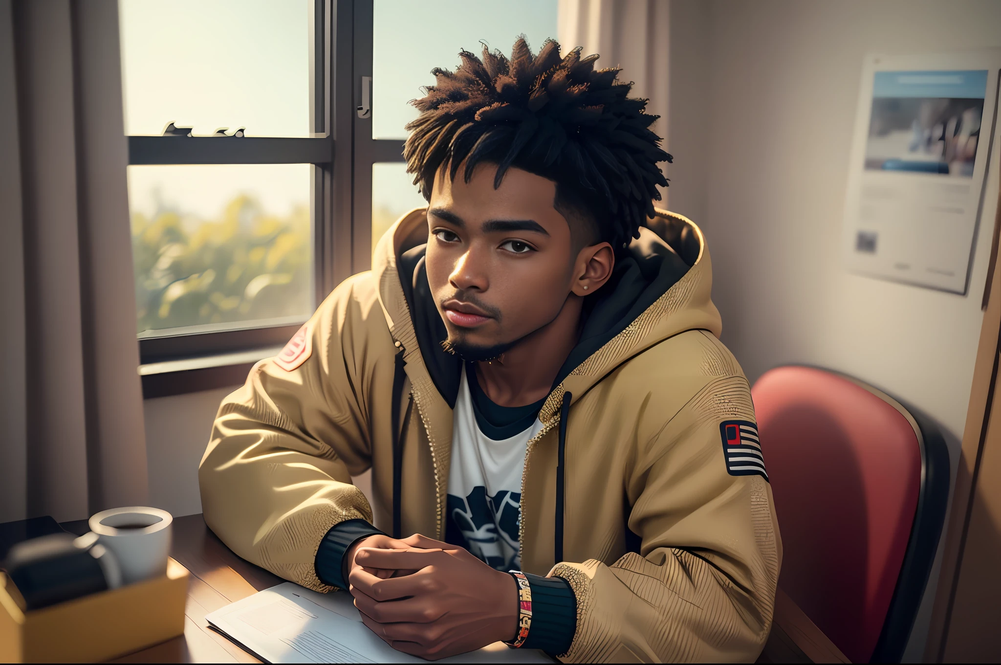 D850 35mm), portrait of a 24-year-old African-American man with (short hair: 1.4), wearing a camouflaged jacket, he and a youtuber is in his room recording videos, a laptop on the table a microphone and a cup of coffee (detailed bedroom background with outdoor windows), detailed, RAW photo, 8k uhd, dslr, high quality, film stock photography 4 camera kodak portra 400 lens f1.6 rich colors realistic texture hyper realistic dramatic lighting cinestill 800, (sharp focus: 1.1)