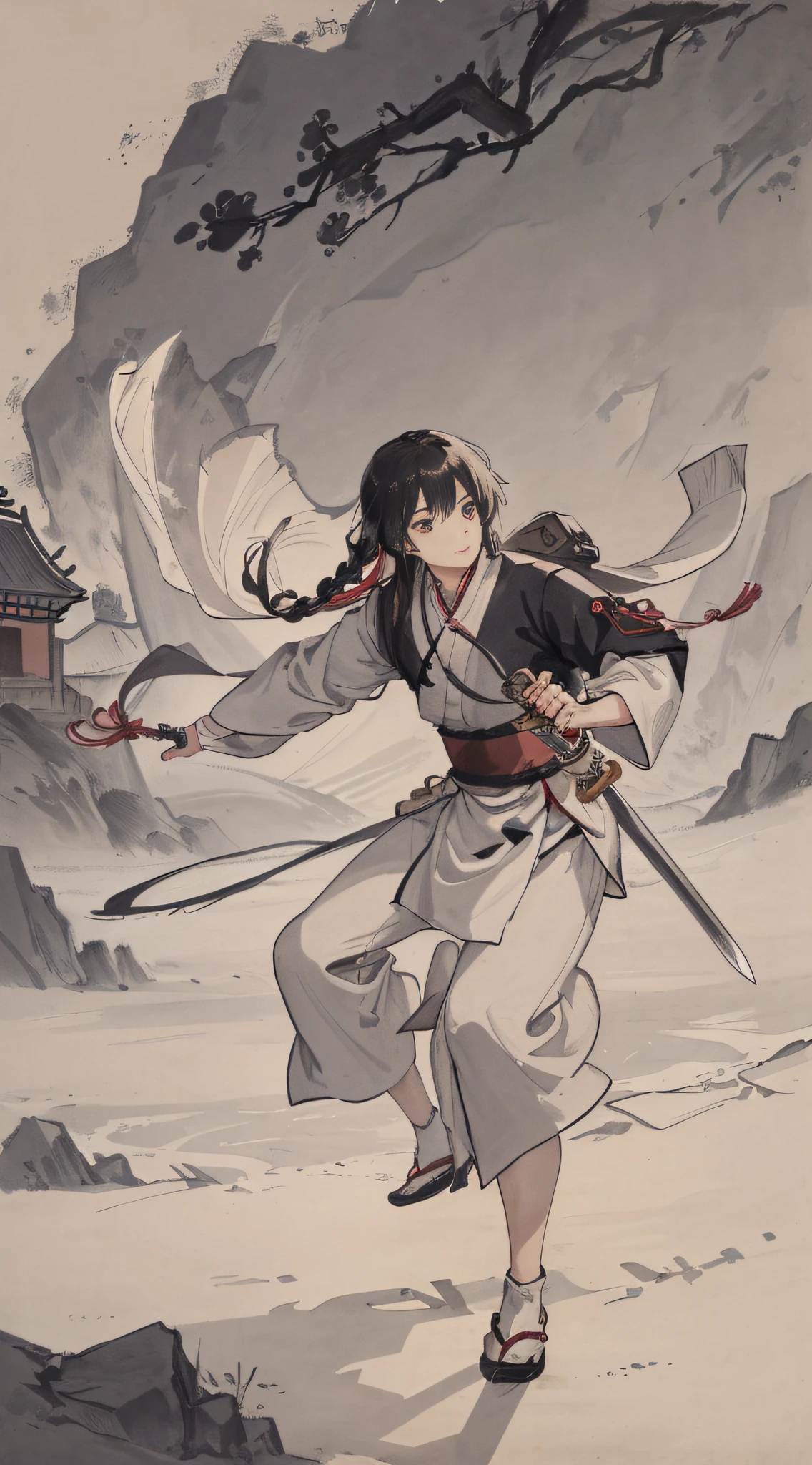 Youth, black hair, pig riding, funny, Hanfu, cloth shoes, sword light and shadow, martial arts, sword, chivalrous woman, jianghu, long clothes, long hair, moon, mountain villa, fog, wind, HD