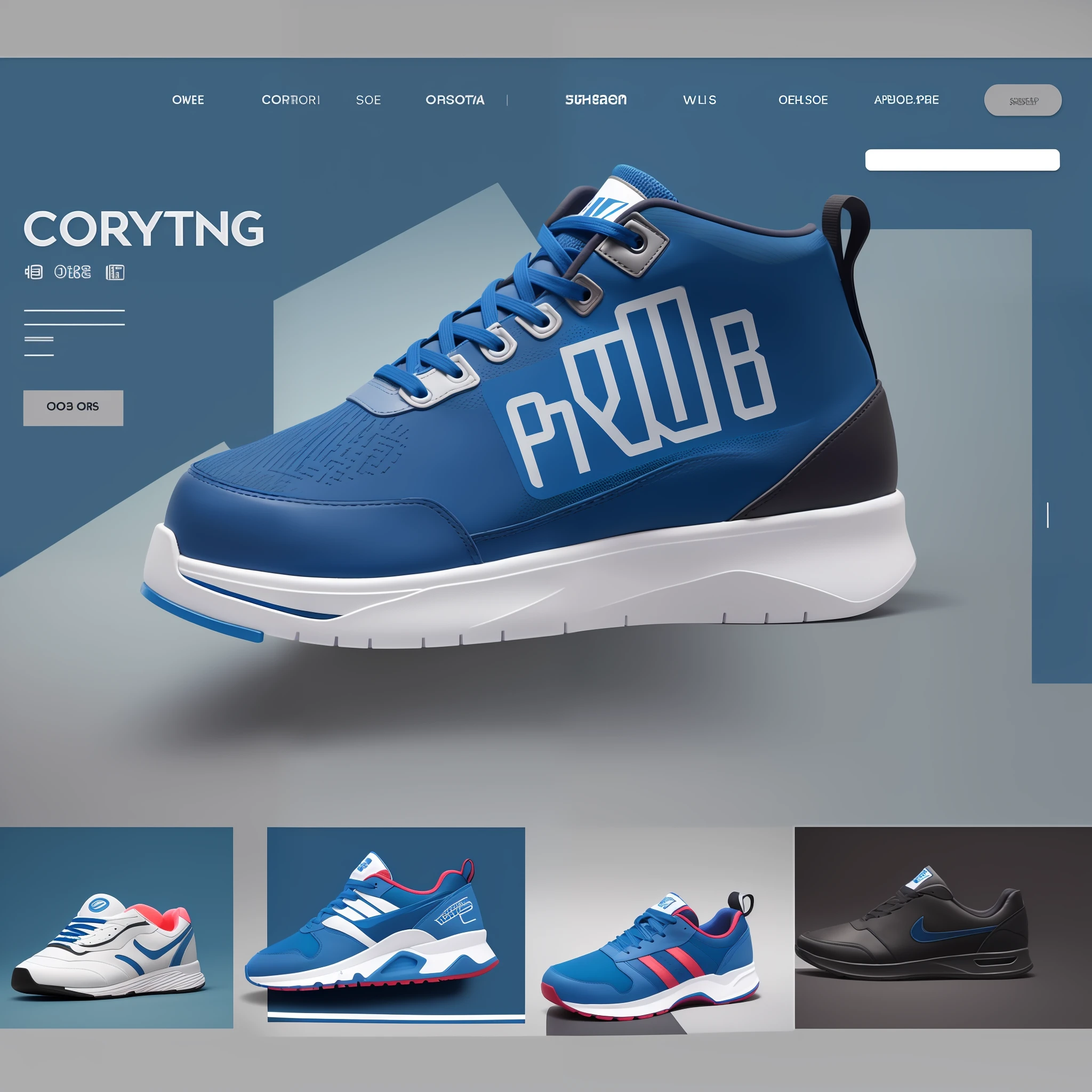 a close up of a shoe store page with a variety of shoes, cory behance hd, on textured base; store website, sneaker design, wide screenshot, futuristic sneakers, thumbnail, cool looking, blue color theme, striking artistic concept, blue realistic 3 d render, flat design, product view, ecommerce photograph, best on adobe stock, fine image on the store website