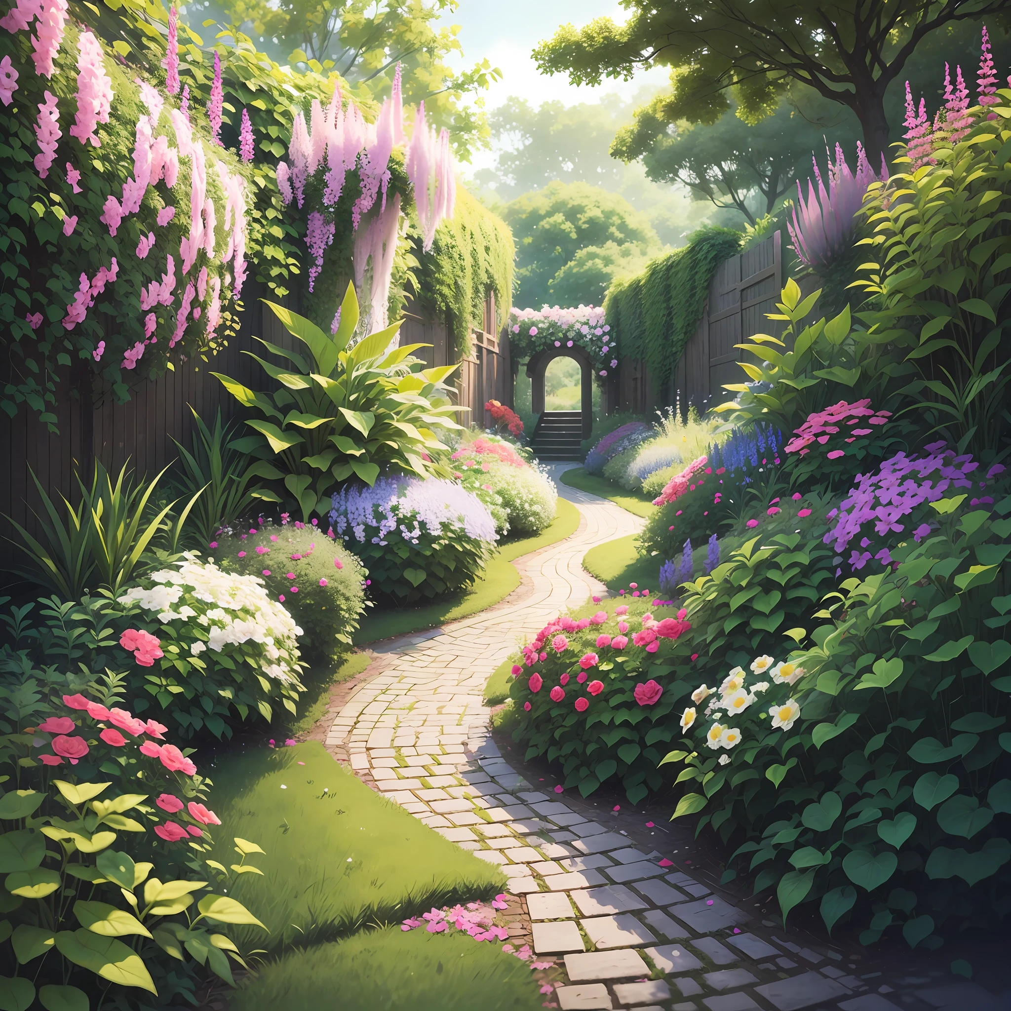 Imagine a lush garden, surrounded by colorful flowers and enchanting fragrances. You walk the quiet paths, feeling the gentle breeze caress your face but you're blindfolded. --auto --s2