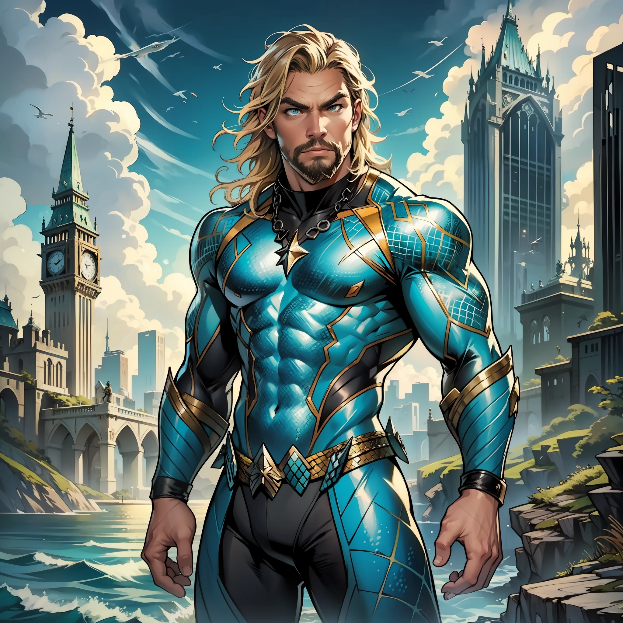 Realistic Art, Aquaman with a countenance of seriousness in a setting at the bottom of the lush ocean, observing the city of Atlantic highly technological --auto --s2