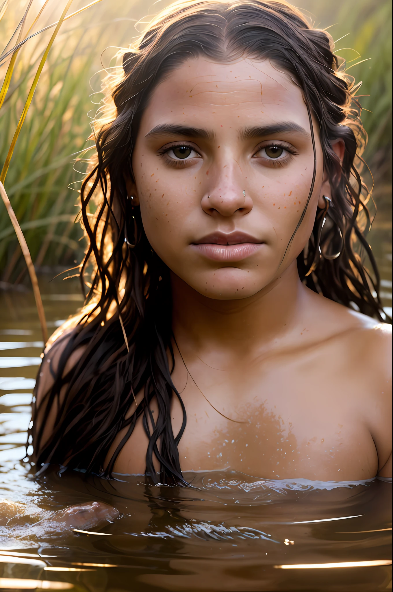 close up portrait of a cute wild Xavante India bathing in a river, reeds, (backlighting), realistic, masterpiece, highest quality, lens flare, shade, bloom, [[chromatic aberration]], by Jeremy Lipking, by Antonio J. Manzanedo, digital painting,