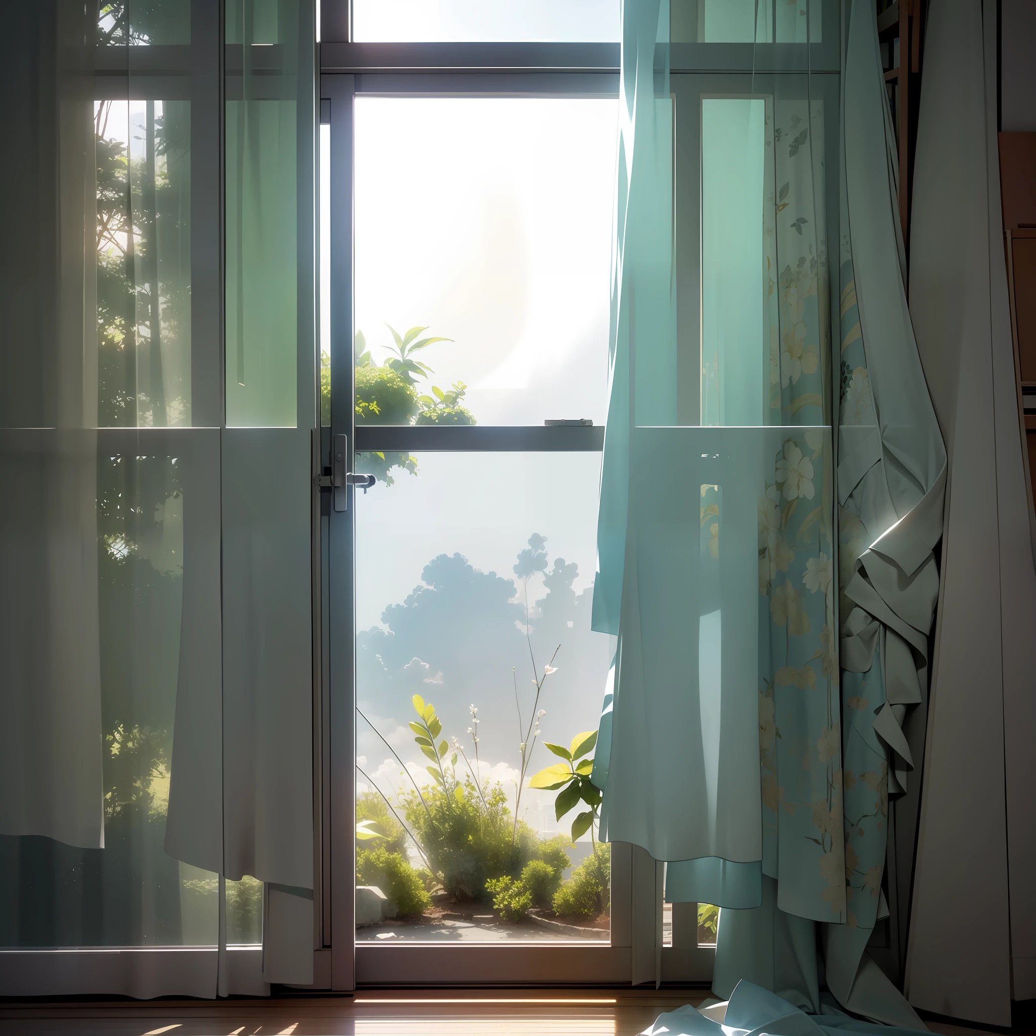 A half-open window reveals a gentle breeze that sways the translucent curtains slightly. The sunlight, filtered through the thin layer of fabric, casts a play of subtle shadows on the environment. An empty chair next to the window evokes a sense of absence and nostalgia. The scene conveys a serene stillness, evoking memories and a sense of waiting for something that may never come.
