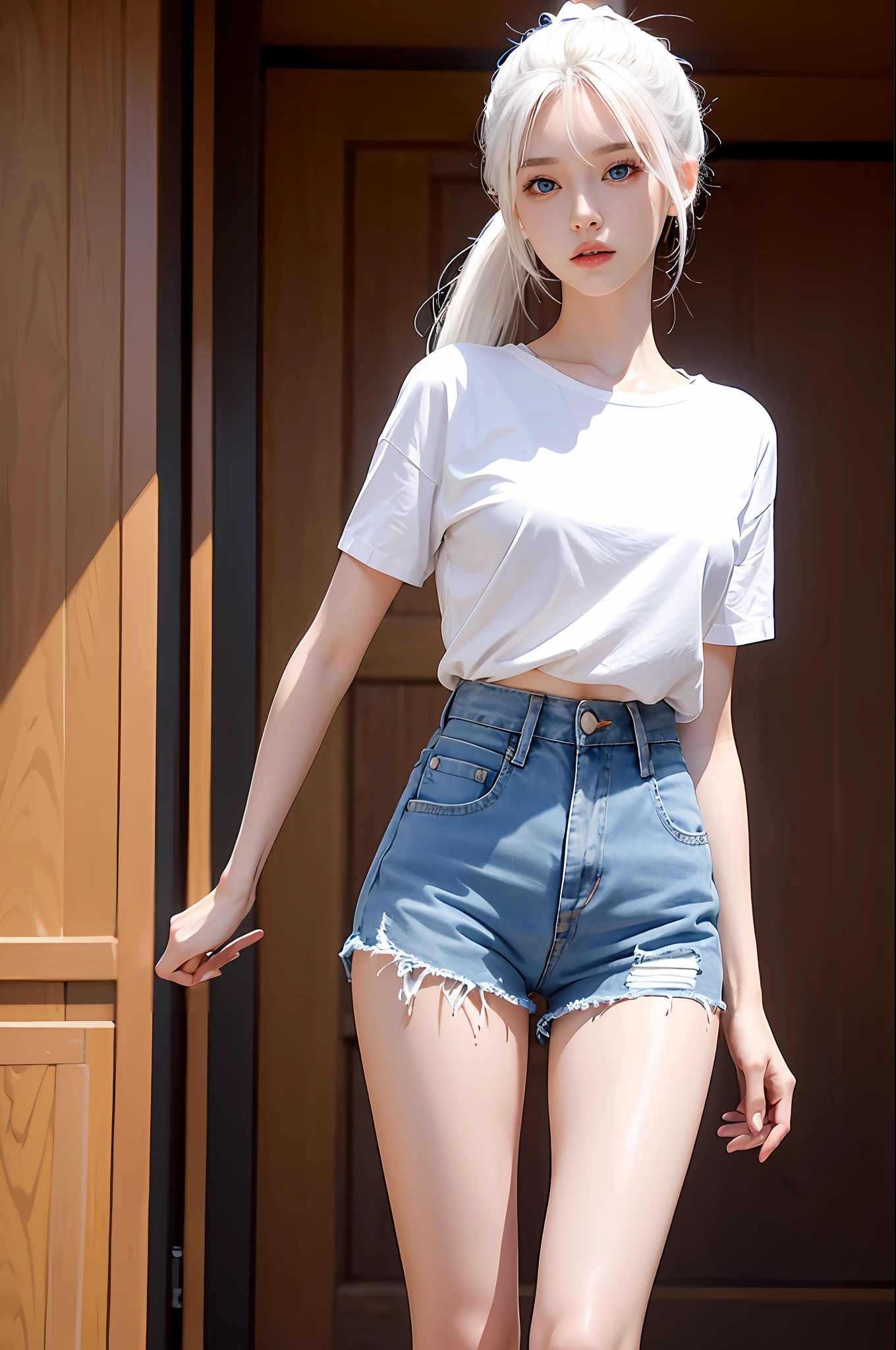Realistic, high resolution, 1 girl, ponytail white hair, korean, blue eyes, shirt, skinny denim shorts, mid-chest, thin waist, thighs