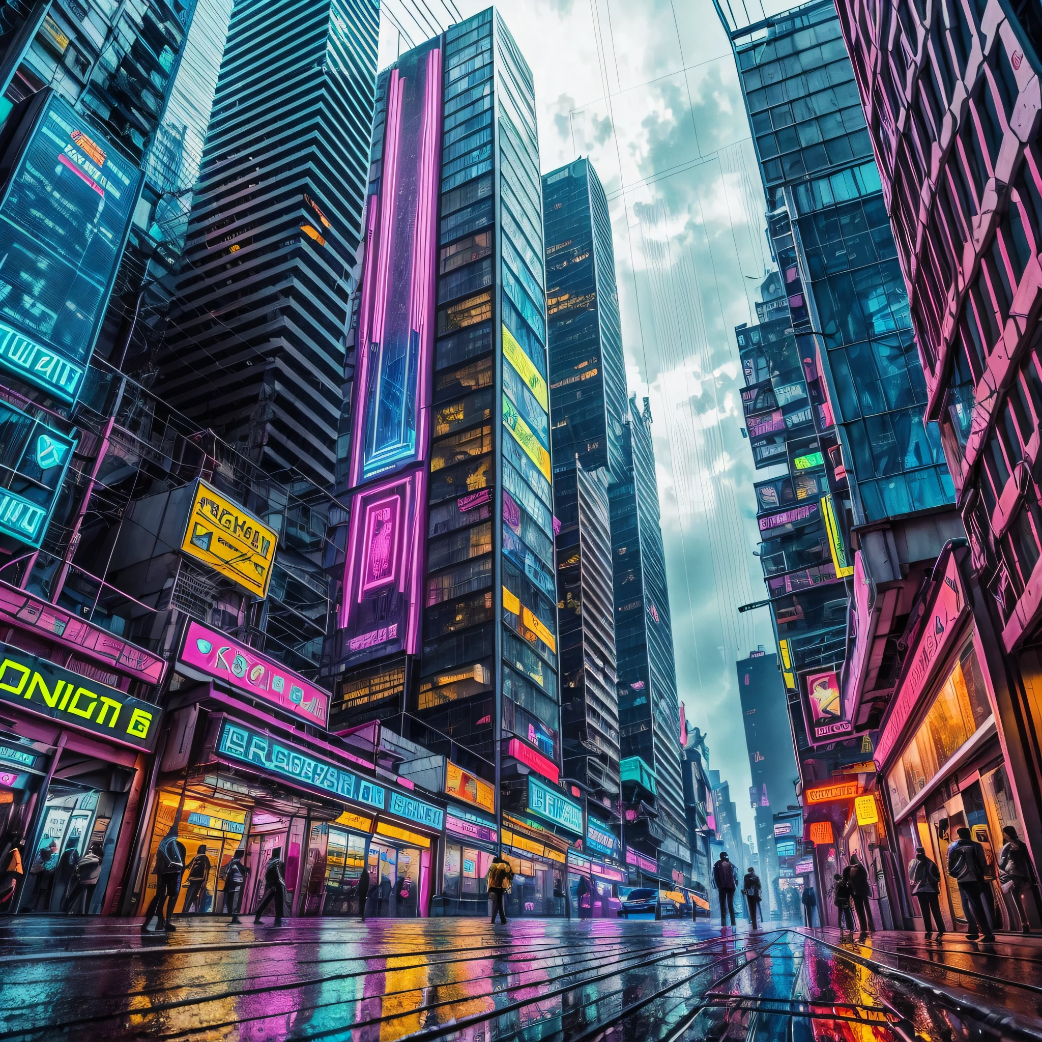 São Paulo Cyberpunk style. (8k wallpaper, masterpiece, ultra-detailed), neon lighting, futuristic architecture, heavy rain, character with technological clothing, cybernetics, detailed robots, street dancing, lots of action. --auto --s2
