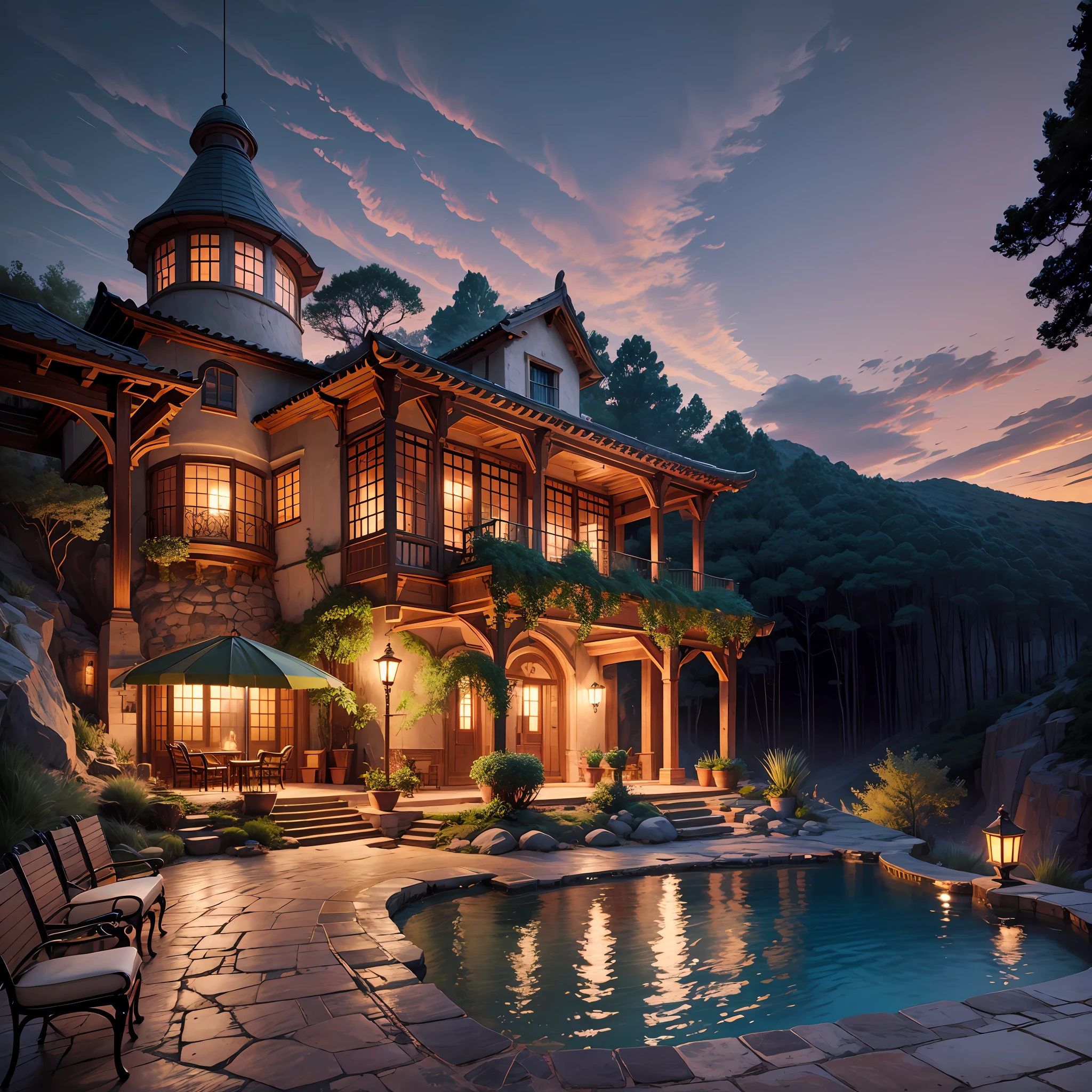 House in the cliff, magnificent atmosphere, antique architecture, night, --auto --s2