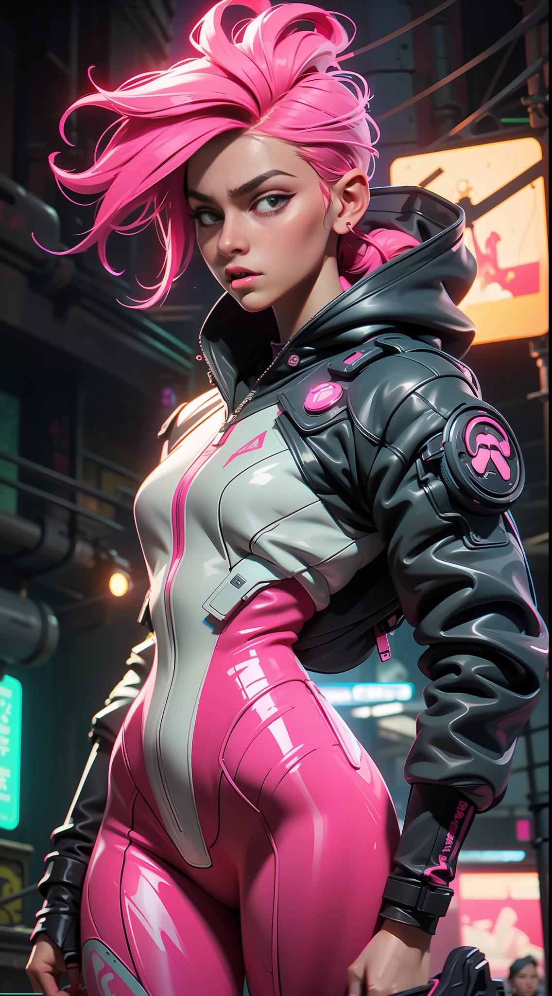 (best quality, masterpiece) scifi, futuristic, raw photo, 1girl with sexy laces clothes, (pink glossy hair) angry look, ultrasharp, (outline contourn) luminous paint, ultrasharp, particles, flares, neon Tokyo street background, many details in an amazing composition