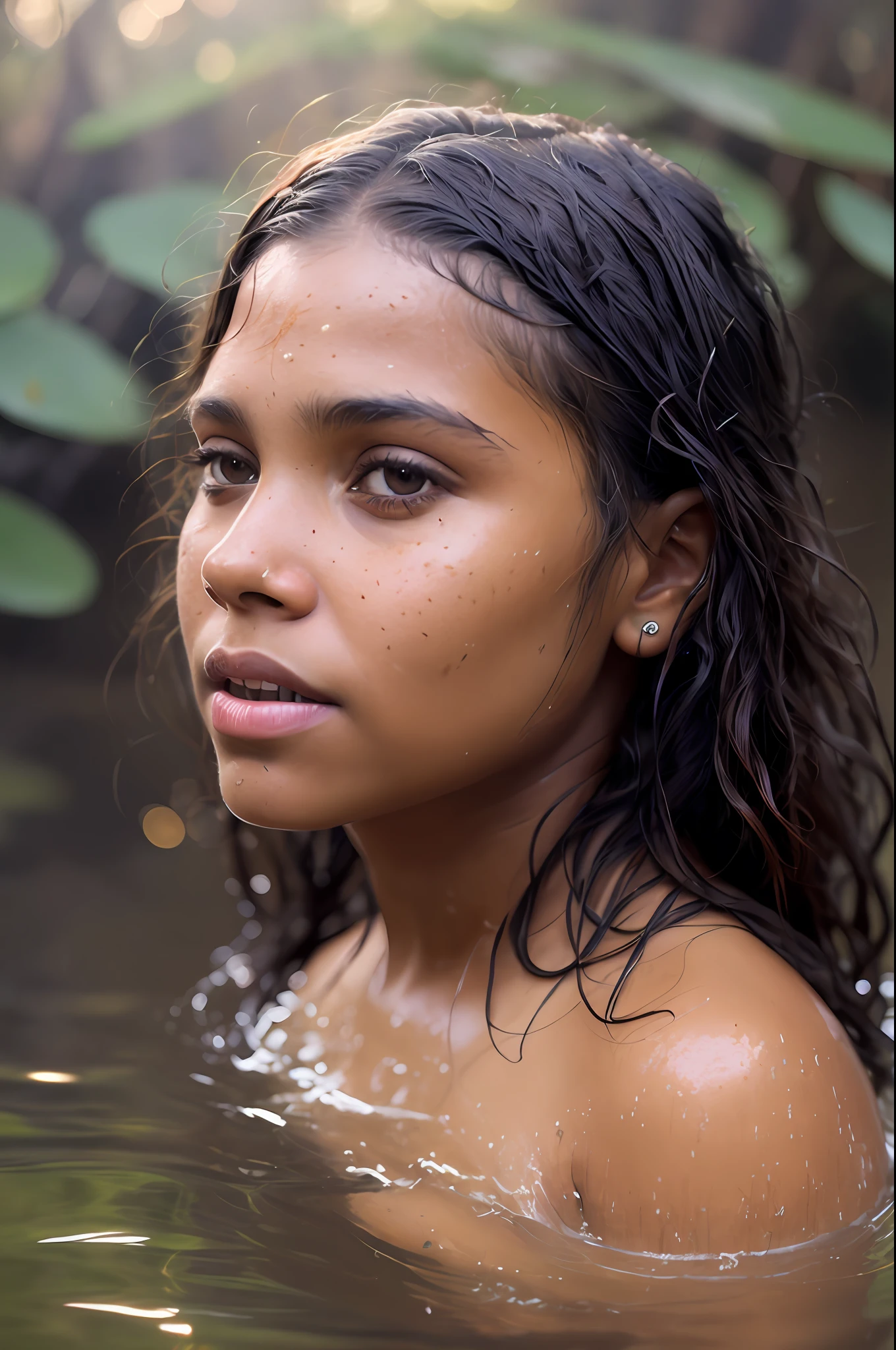 close up portrait of a cute wild Xavante India girl(gldot) bathing in a river, reeds, (backlighting), realistic, masterpiece, highest quality, lens flare, shade, bloom, [[chromatic aberration]], by Jeremy Lipking, by Antonio J. Manzanedo, digital painting, 21yo