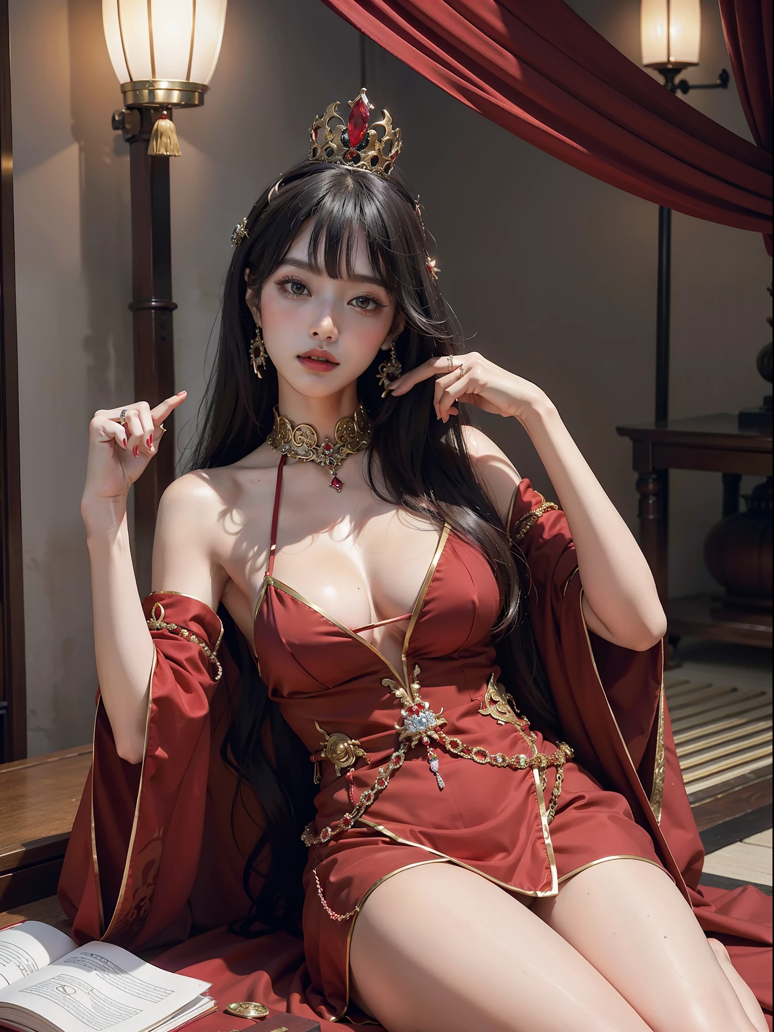 Arakfi woman in red dress sitting on chair, beautiful fantasy queen, Japanese goddess, beautiful and seductive anime woman, seductive anime girl, gorgeous Chinese model, elegant and charming cosplay, (((beautiful fantasy queen)), full body in red robe, popular on cgstation, sexy dress, cute queen, sexy pose, beautiful elegant demon queen, (Qi bangs), (ring finger diamond ring), masterpiece, realistic