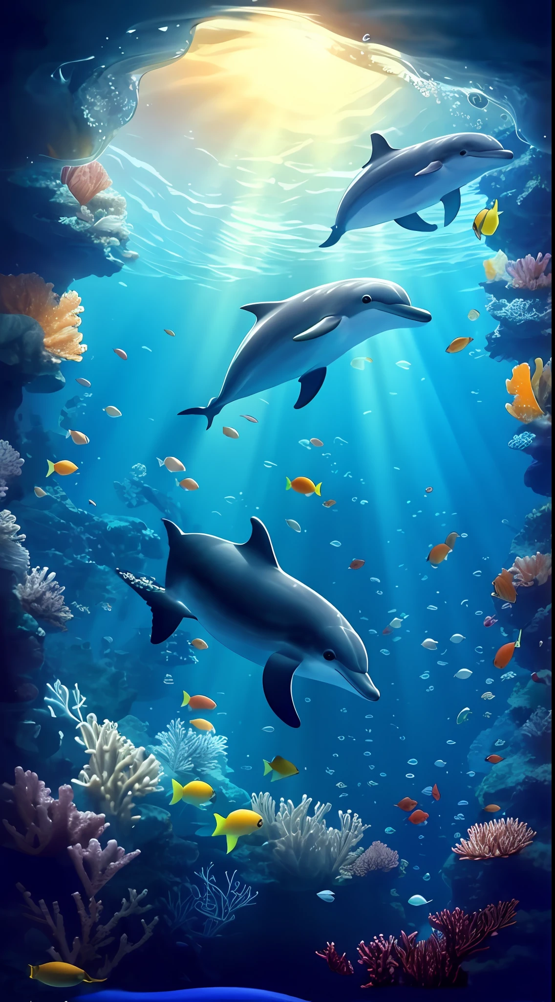 dolphins swimming in ocean with coral and fish, dolphin swimming, dolphin amazing detail, amazing depth, light and shadow detail, incredible depth, beautiful wallpaper, amazing wallpaper, underwater world, colorful colors, dolphin swimming, in the sea, underwater landscape, hd mobile wallpaper, mobile wallpaper, mobile wallpaper, amazing screensaver, underwater life, watching fish swimming, fish swimming