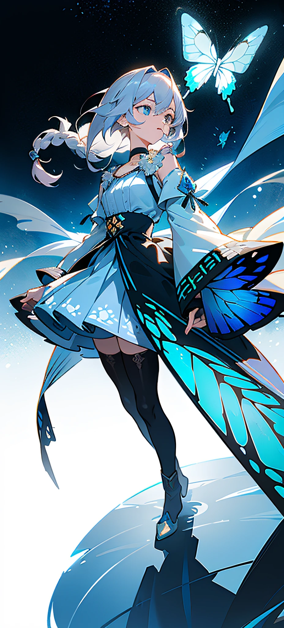21charturnerv2,charturnbetalora,shinkai makoto,kimi no na wa.,(Overhead view),dynamic angle,ultra-detailed, illustration, close-up, straight on, 1girl, (fantasy:1.4), (azure blue eyes: 1.233), her eyes sparkle like dreamy stars, (glowing eyes: 1.233), (beautiful and detailed eyes: 1.1), (silver hair: 1.14), (messy hair, very long hair, French braids, hair between the eyes, side hair), (+ (blue fur: 1.14), (chiffon dress, blue flower pattern uniform) /= (military uniform: 1.24), (sleeves removed, wide sleeves), (fingerless gloves), choker, ( miko thighhighs), high-heeled boots, (expressionless, mouth closed), (standing), (classical princess boudoir, dresser and floor-to-ceiling windows, white ancient palace), (white flowers, bloom), (deep sea), (flowing water), (dark blue world tree: 1.14), (ruins), (night: 1.2), dreamy, soul, (fluorescent), (flying translucent blue butterfly: 1.15), [ [Delicate fingers and hands: 0.55]::0.85], (finger details), (yubao:0.5), white background, full body, blue theme, gold background,