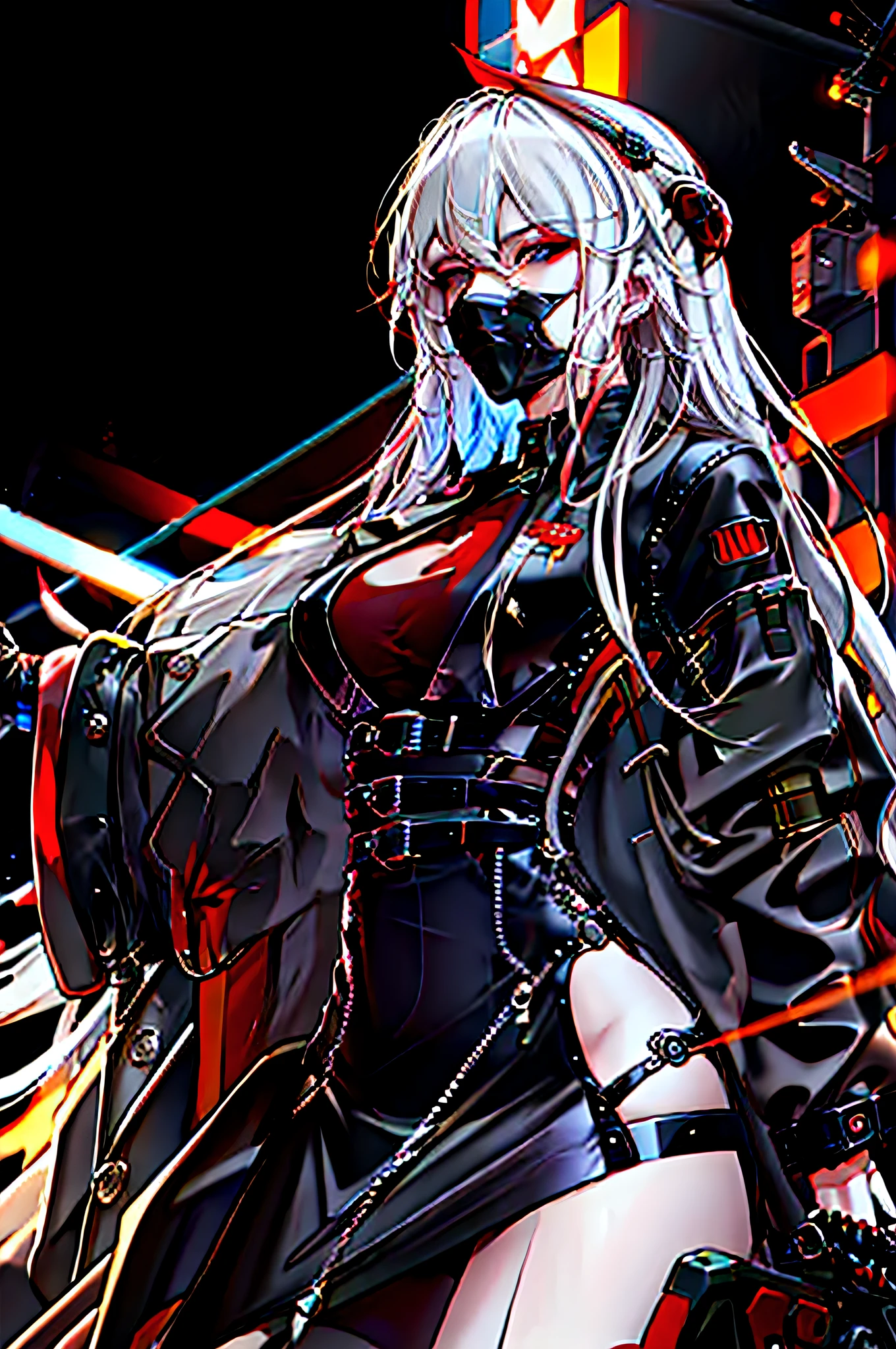 1girl, red eyes, horns, solo, jacket, mask, black jacket, earrings, jewelry, white shirt, shirt, white hair, mouth mask, hair between eyes, upper body, bangs, oni horns, open jacket, cyberpunk, neon lights, movie lighting, from the side, looking at the viewer, bad girl, ((mature woman)) The drawing features a woman with an anime or Japanese style. He has straight, deep red hair that falls to his shoulders. His eyes are also an intense red color, transmitting a determined and energetic look.

She wears an elegant dress with a cool biker theme. The dress combines the colors red and black in a striking way. The upper part of the dress is a vibrant red, with black accents that give it a bold and modern look. The skirt of the dress reaches the knees and is black, with red ornaments and details that highlight its design.

The woman has a confident and confident demeanor, possibly holding a motorcycle helmet in one of her hands. Around it, additional elements can be added to enhance the motorcyclist theme, such as a motorcycle in the background or a cityscape.