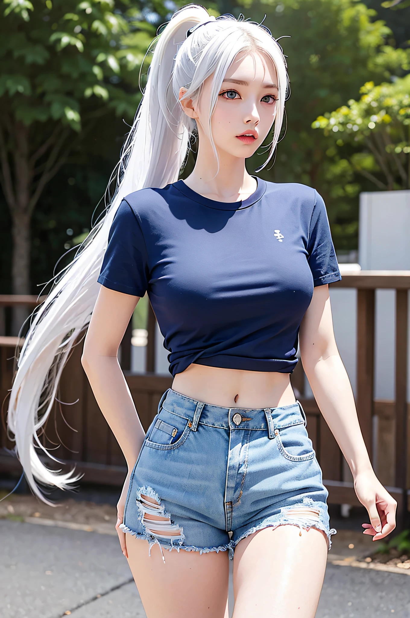 Realistic, high resolution, 1 girl, ponytail white hair, korean, blue eyes, shirt, skinny denim shorts, mid-chest, thin waist, thighs