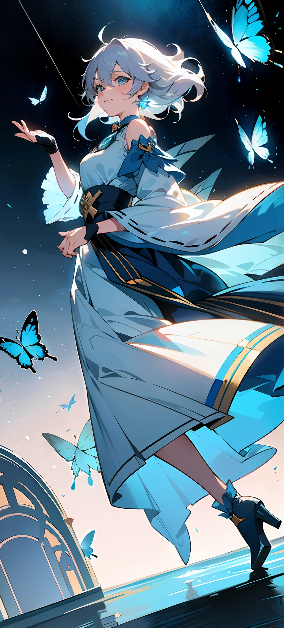21charturnerv2,charturnbetalora,shinkai makoto,kimi no na wa.,(Overhead view),dynamic angle,ultra-detailed, illustration, close-up, straight on, 1girl, (fantasy:1.4), (azure blue eyes: 1.233), her eyes sparkle like dreamy stars, (glowing eyes: 1.233), (beautiful and delicate eyes: 1.1), (silver hair: 1.14), (messy hair, very long hair, French braids, hair between the eyes, side hair), (+ (blue fur flowers: 1.14), (chiffon dress, blue flower pattern uniform) /= (princess dress: 1.24), (sleeves removed, wide sleeves), (fingerless gloves), choker, (miko thighs), high-heeled boots, (smiling emoji), (dancing), (classical princess boudoir, dresser and floor-to-ceiling windows, white ancient palace), (white flowers, bloom), (deep sea), (flowing water), (dark blue world tree: 1.14), (ruins), (night: 1.2), dreamy, soul, (fluorescent), (lots of flying translucent blue butterflies: 1.15), [[ Delicate fingers and hands: 0.55]::0.85], (finger details), (yubao:0.5), white background, full body, blue theme, gold background,