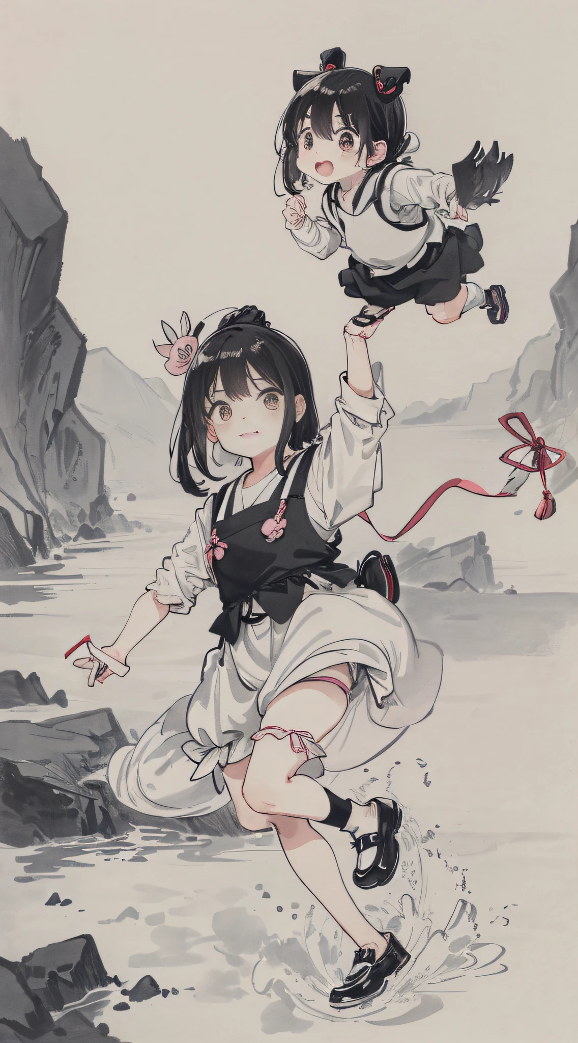 Girly, Marukotou, cute, funny, pig, duck, suspender, spoof, streamer, black hair, black cloth shoes, moon, ink, landscape, HD