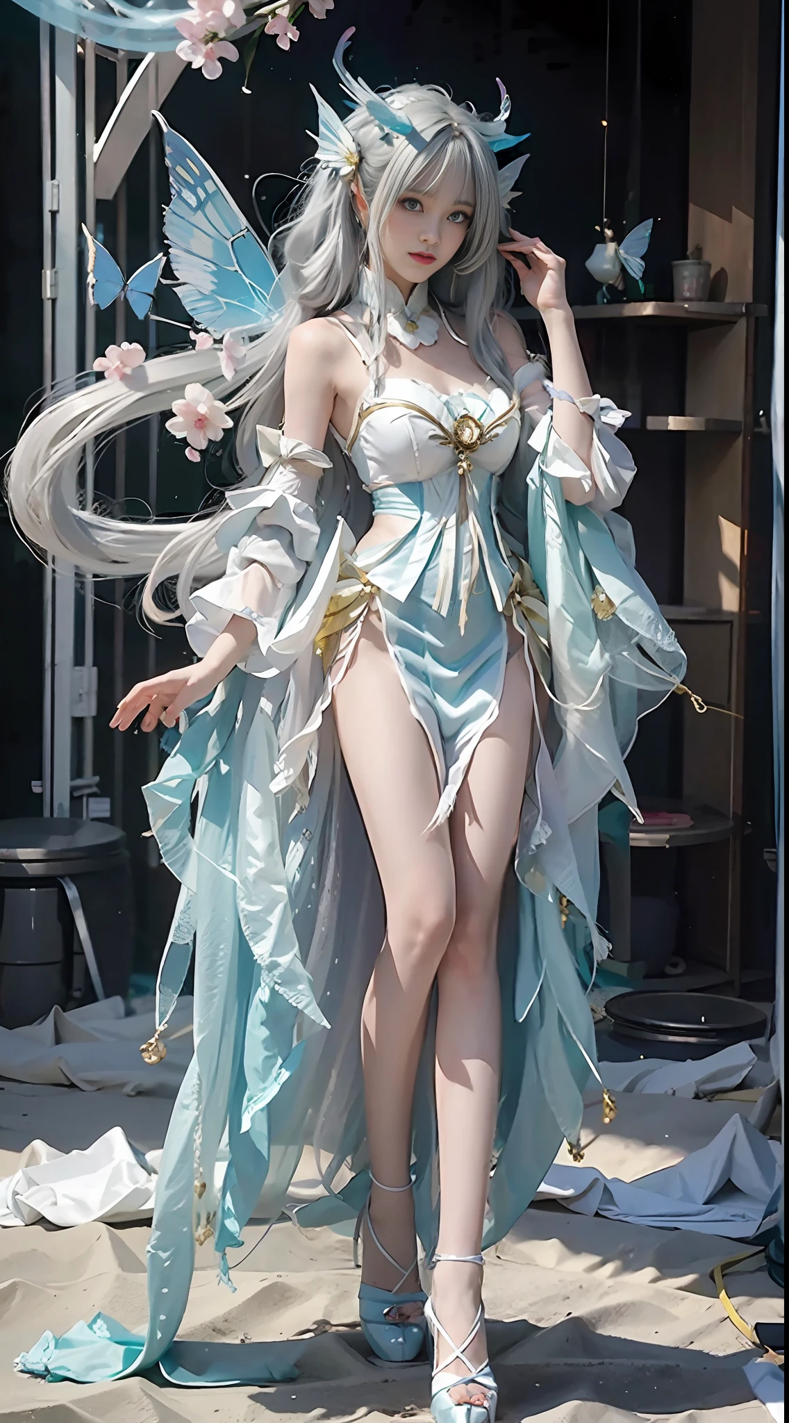 Close-up of a woman in costume on stage, full body fairy, beautiful celestial mage, amazing young ethereal character, wearing swimsuit, Shaxi, elegant and charming cosplay, Hirase Jinyao, , charming, very coquettish, sports car, masterpiece, 8k, best quality, rainbow, butterfly in front (full body 2.0), seaside, sky is blue, hand holding flowers