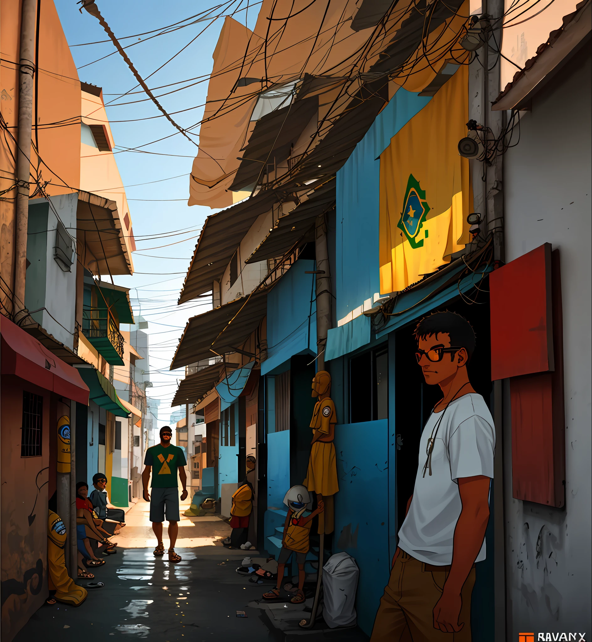 MeinaMix, stunning shot, [[brown guy]], cinematic, sun, day, brazilian streets, brazil, face detailed, glass, oakley, evoke, cyberpunk streets,  brazilian, poor boy, guy, cartoon, favela, architecture, brightness, 4k, 8k