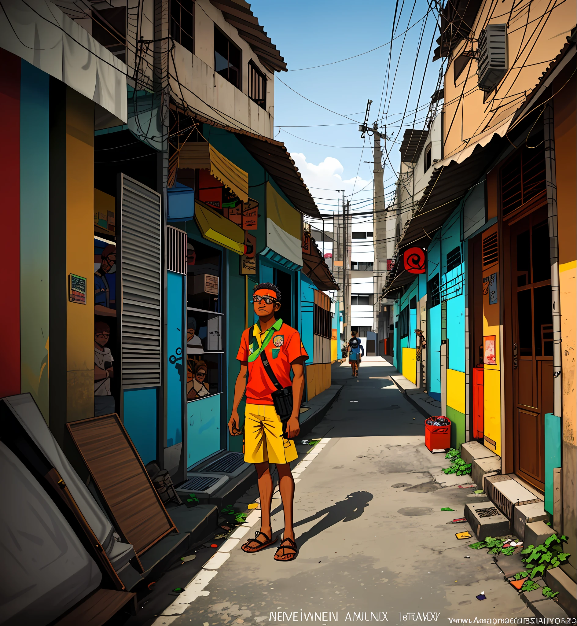 MeinaMix, stunning shot, [[brown guy]], cinematic, sun, day, brazilian streets, brazil, face detailed, glass, oakley, evoke, cyberpunk streets,  brazilian, poor boy, guy, cartoon, favela, architecture, brightness, 4k, 8k