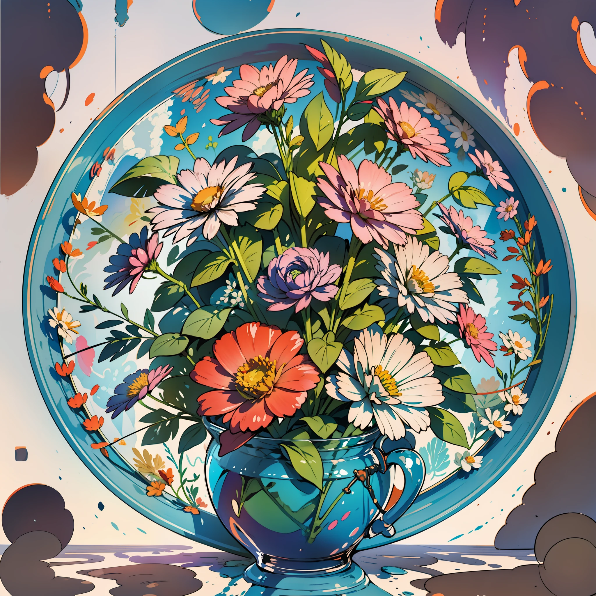 A minimalist watercolor depicting a bouquet of flowers. The petals are represented by soft and colorful geometric shapes, each with a vibrant and cheerful color. The stems are fine lines that intersect and extend to create a harmonious arrangement. The simplicity of the shapes and the soft color palette convey a sense of lightness and happiness, bringing an instant smile to the viewer.