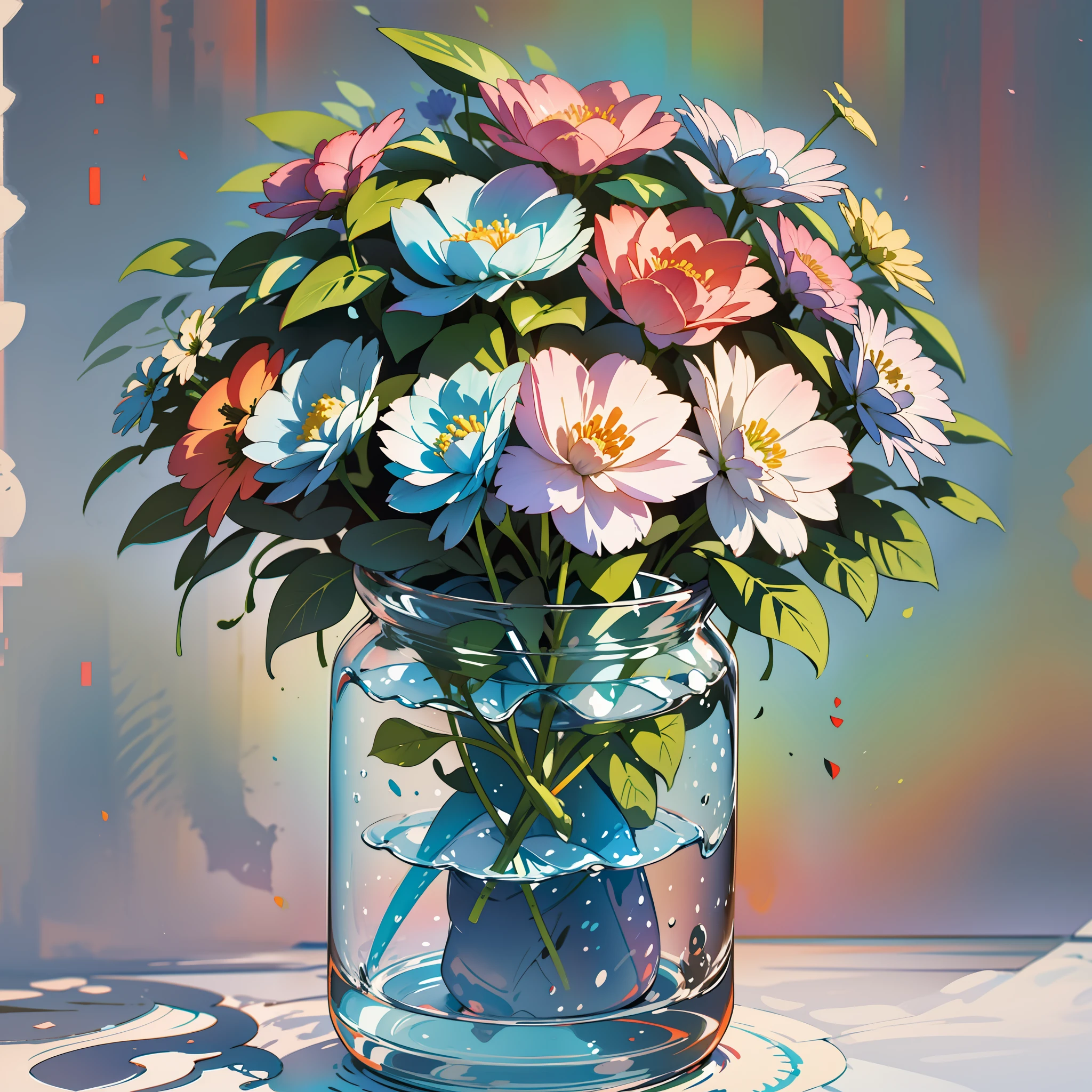 A minimalist watercolor depicting a bouquet of flowers. The petals are represented by soft and colorful geometric shapes, each with a vibrant and cheerful color. The stems are fine lines that intersect and extend to create a harmonious arrangement. The simplicity of the shapes and the soft color palette convey a sense of lightness and happiness, bringing an instant smile to the viewer.
