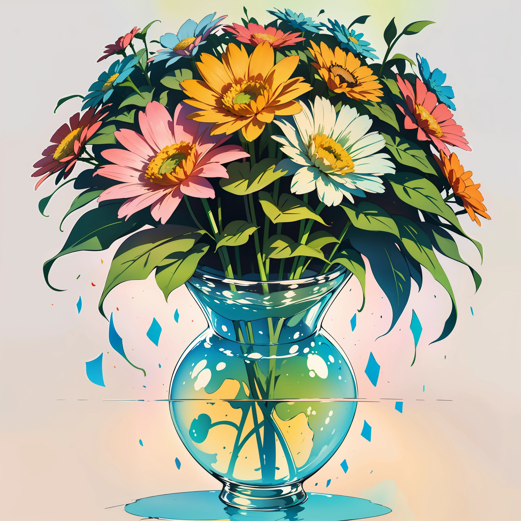 A minimalist watercolor depicting a bouquet of flowers. The petals are represented by soft and colorful geometric shapes, each with a vibrant and cheerful color. The stems are fine lines that intersect and extend to create a harmonious arrangement. The simplicity of the shapes and the soft color palette convey a sense of lightness and happiness, bringing an instant smile to the viewer.