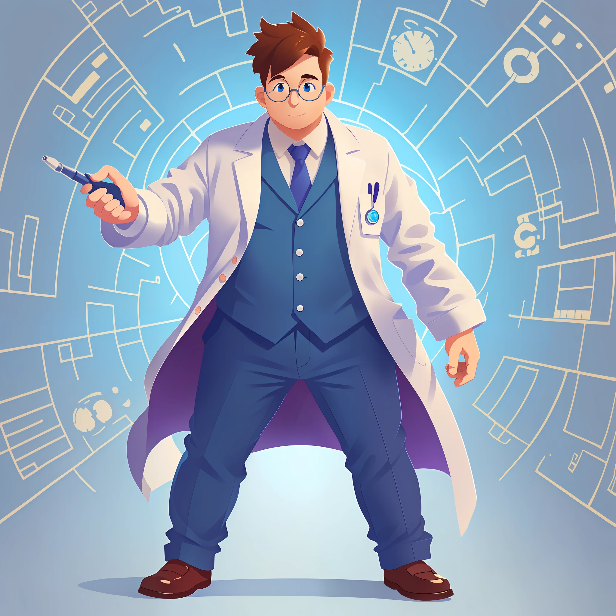 Male doctor, cartoon doctor, Q version doctor, white coat, inch hairstyle, glasses, 3d rendering, blue background, full body photo, slightly fat