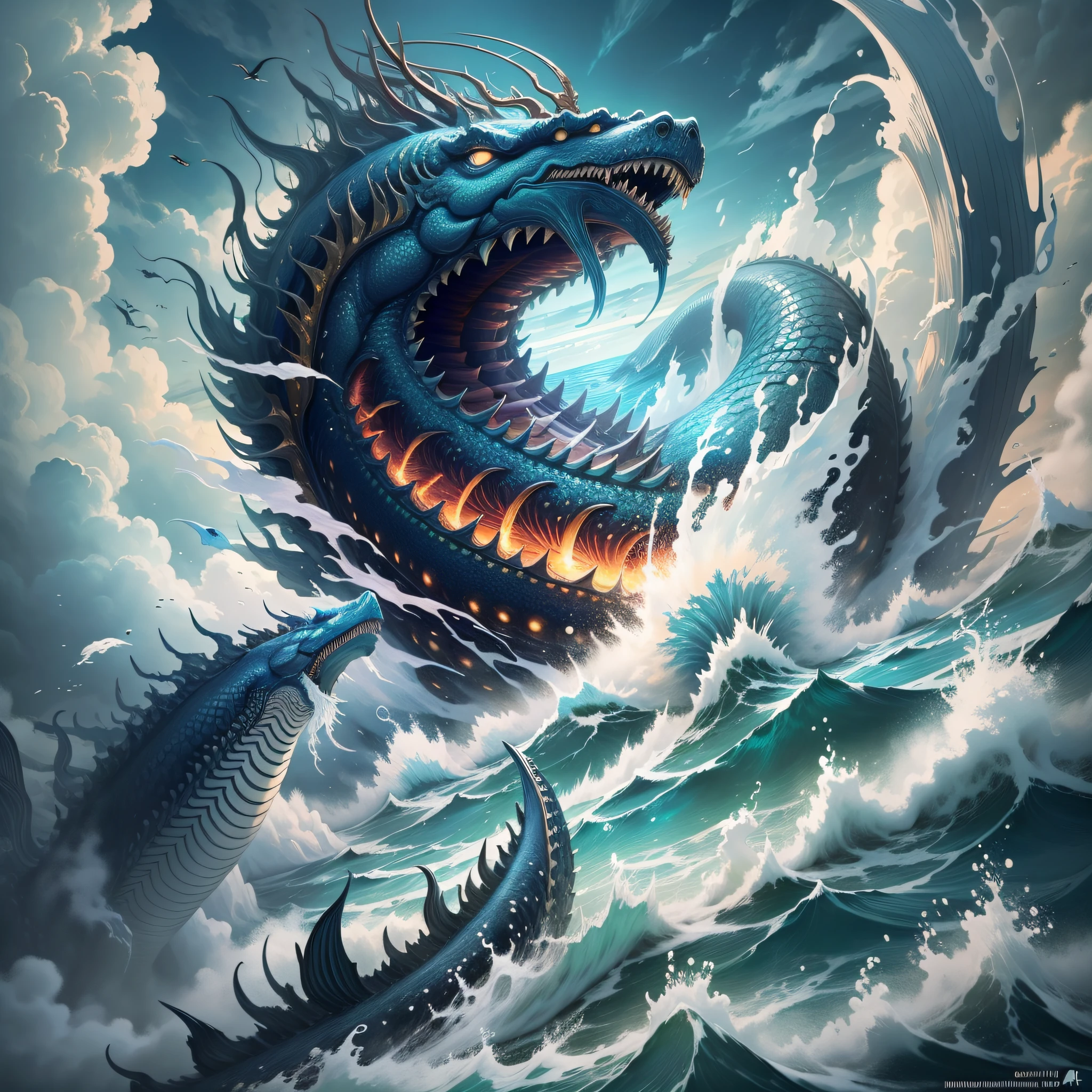 Make an illustrative image of a realistic 4K leviathan at sea